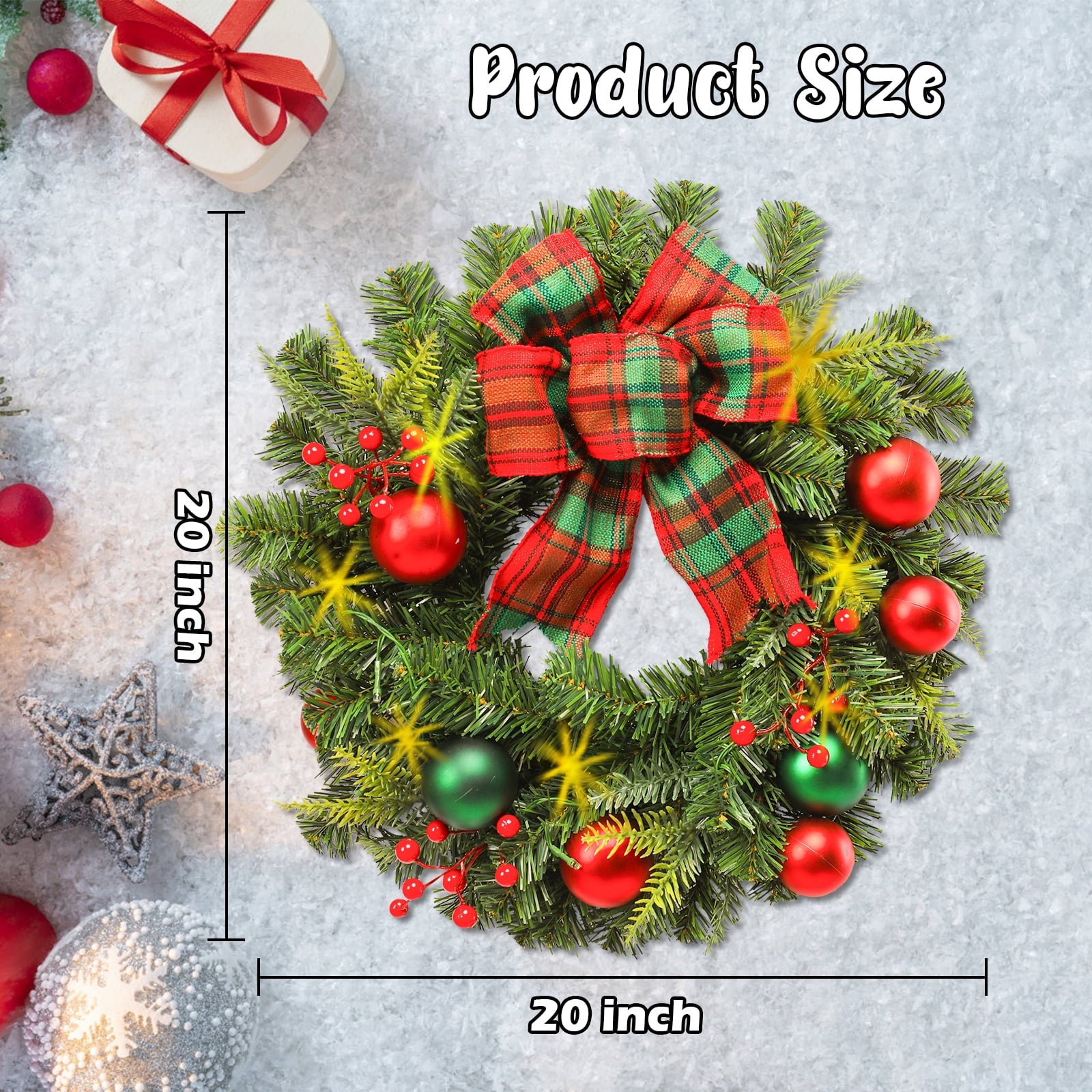 20 inch Christmas Wreaths-Christmas Wreath with Lights LED,Battery Operated LED light Wreath with ball bow for christmas festival party, patio, farmhouse decoration(green and red)