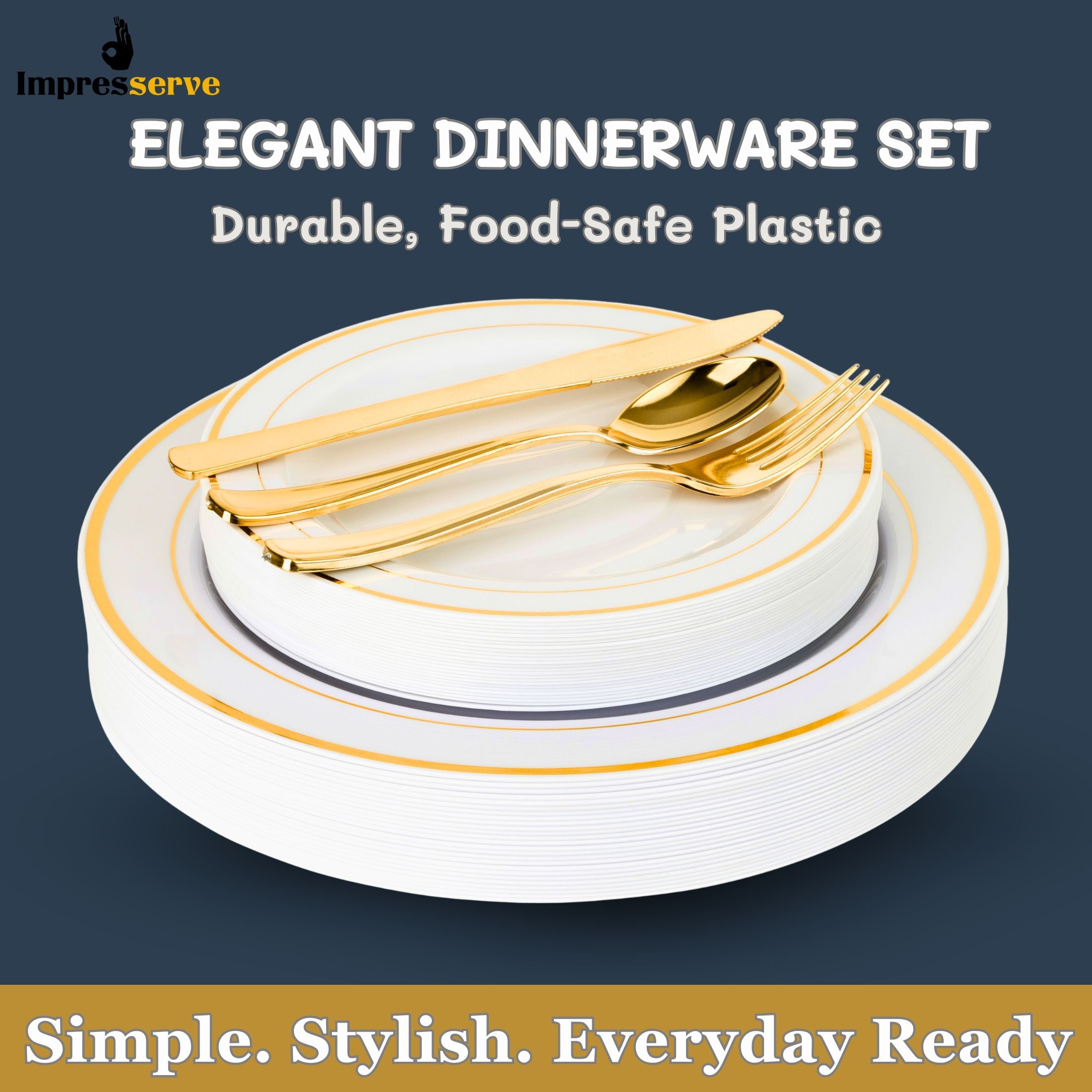 Impresserve Elegant Gold Disposable Plastic Dinnerware Set - 125 Pieces with Plates and Utensils for 25 Guests
