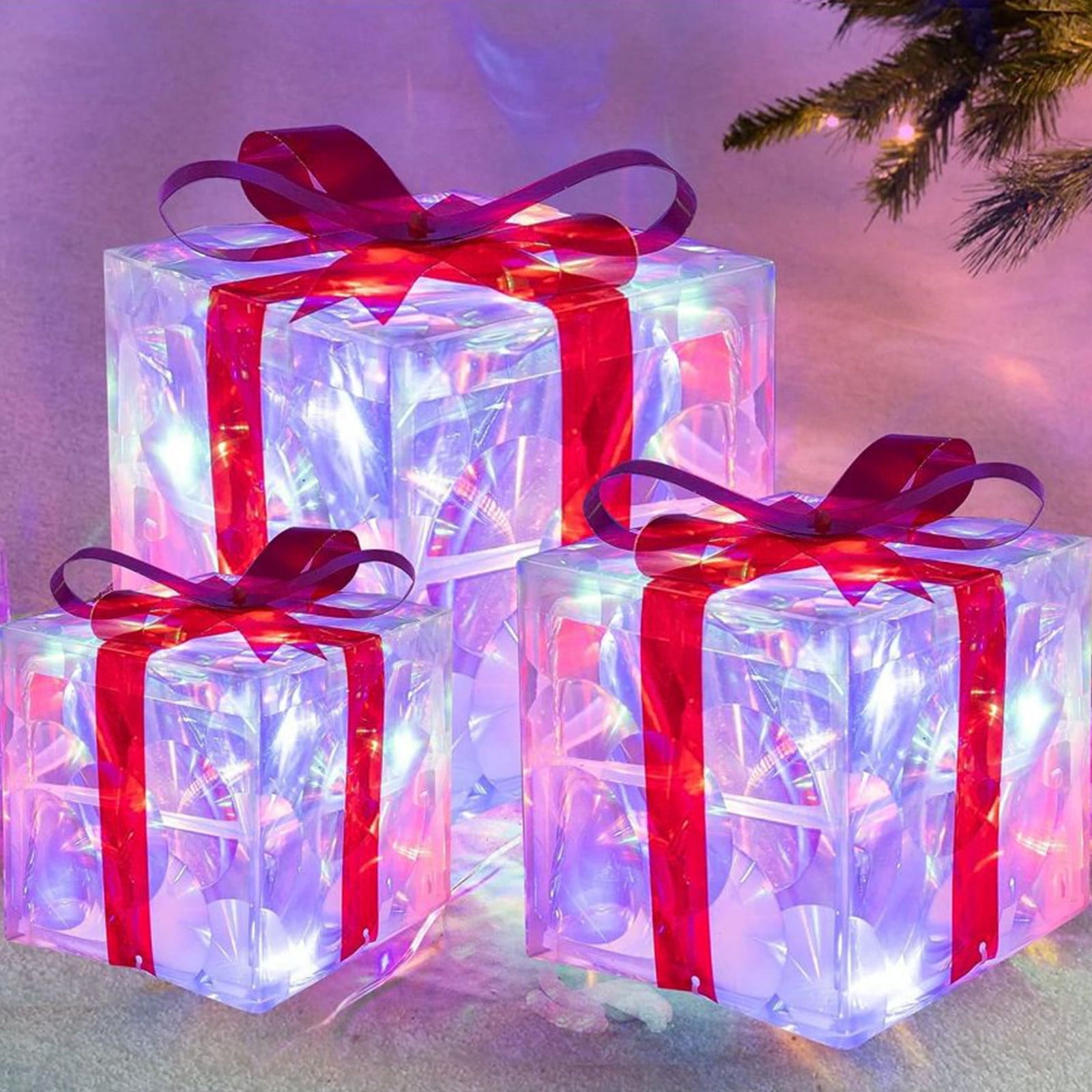 EGNMCR Set of 3 Lighted Gift Boxes Christmas Decorations, LED Pre-Lit Light up Present Boxes, Xmas Tree Decorations Gift Box for Indoor Outdoor Yard Holiday Birthday Party Decorations, Multicolor