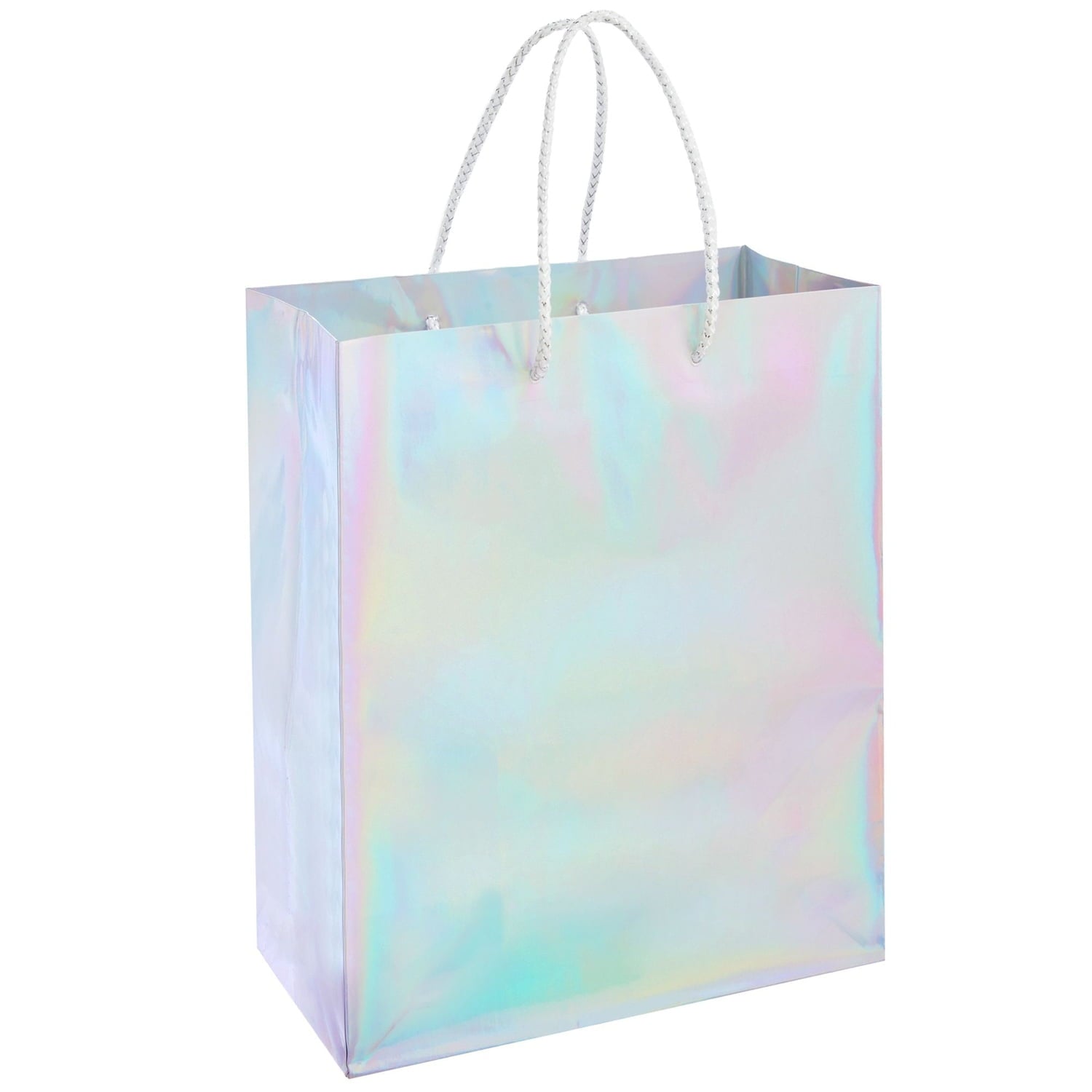 24 Pack Holographic Silver Gift Bags with Handles, 8x4x10 Inch for Wedding, Birthday, Retail, Small Business, Shopping