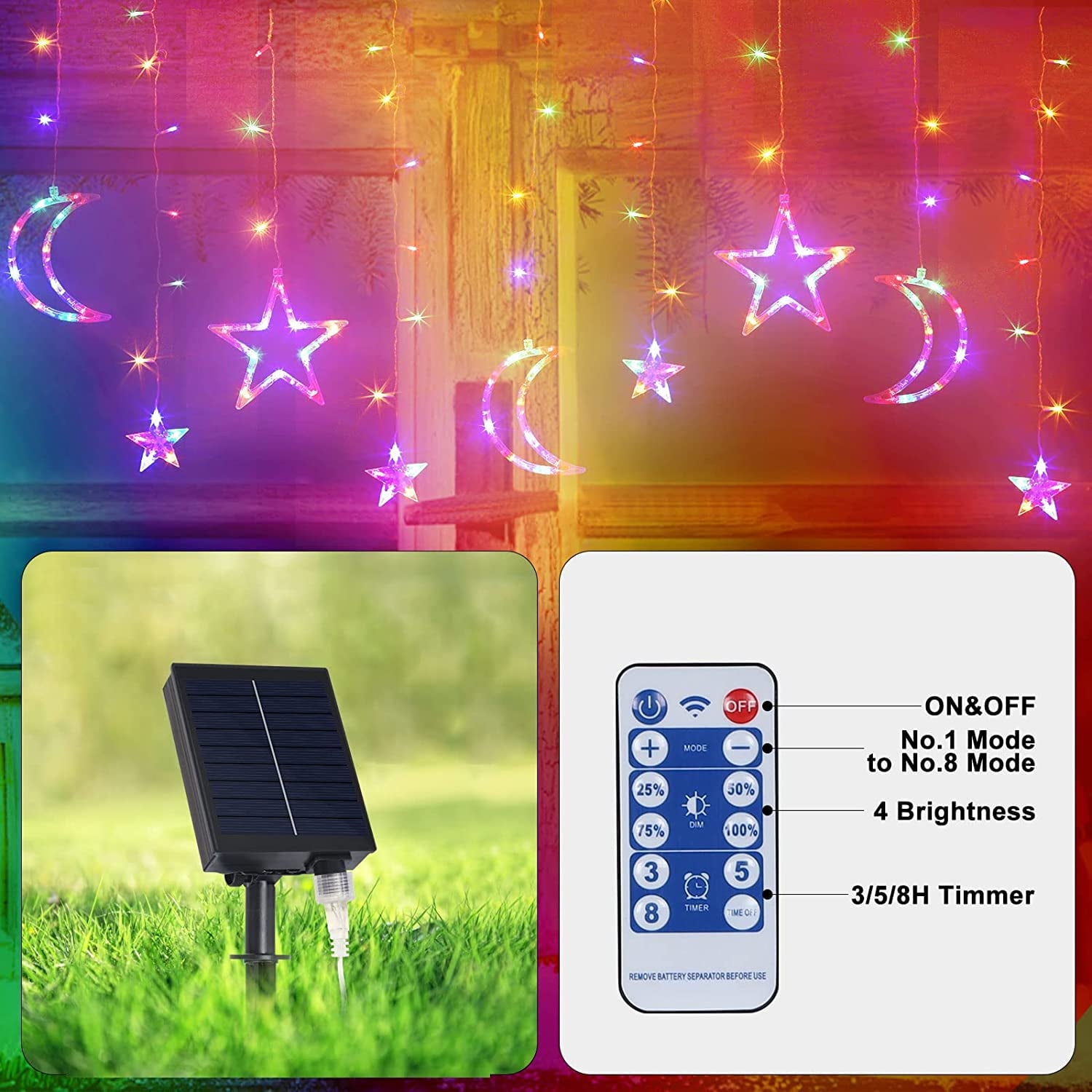 Solar Star Moon String Lights, 11.5 FT 138 LEDs with 8 Lighting Modes and Remote Control, Multicolor