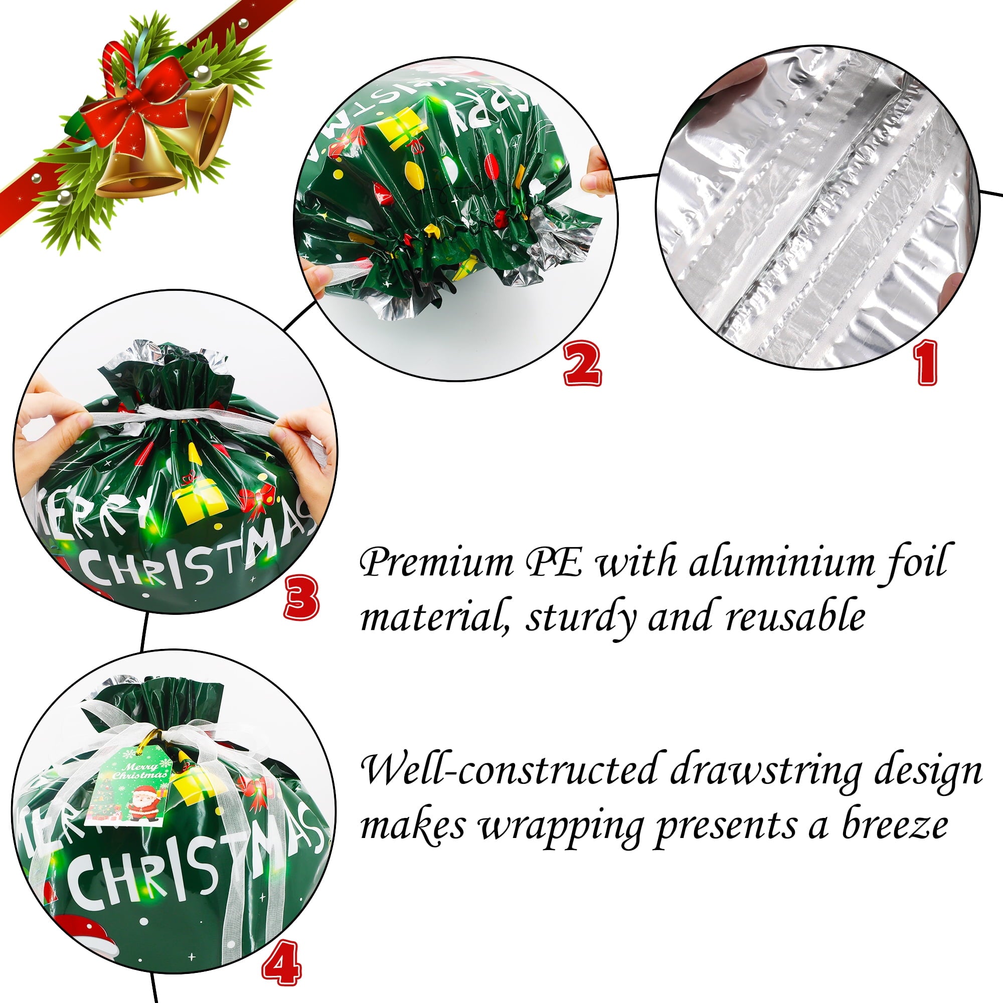 Tuonito 30PCS Christmas Drawstring Gift Bags of Assorted Sizes , Holiday Gift Bags with  Drawstrings for Xmas Party Favors