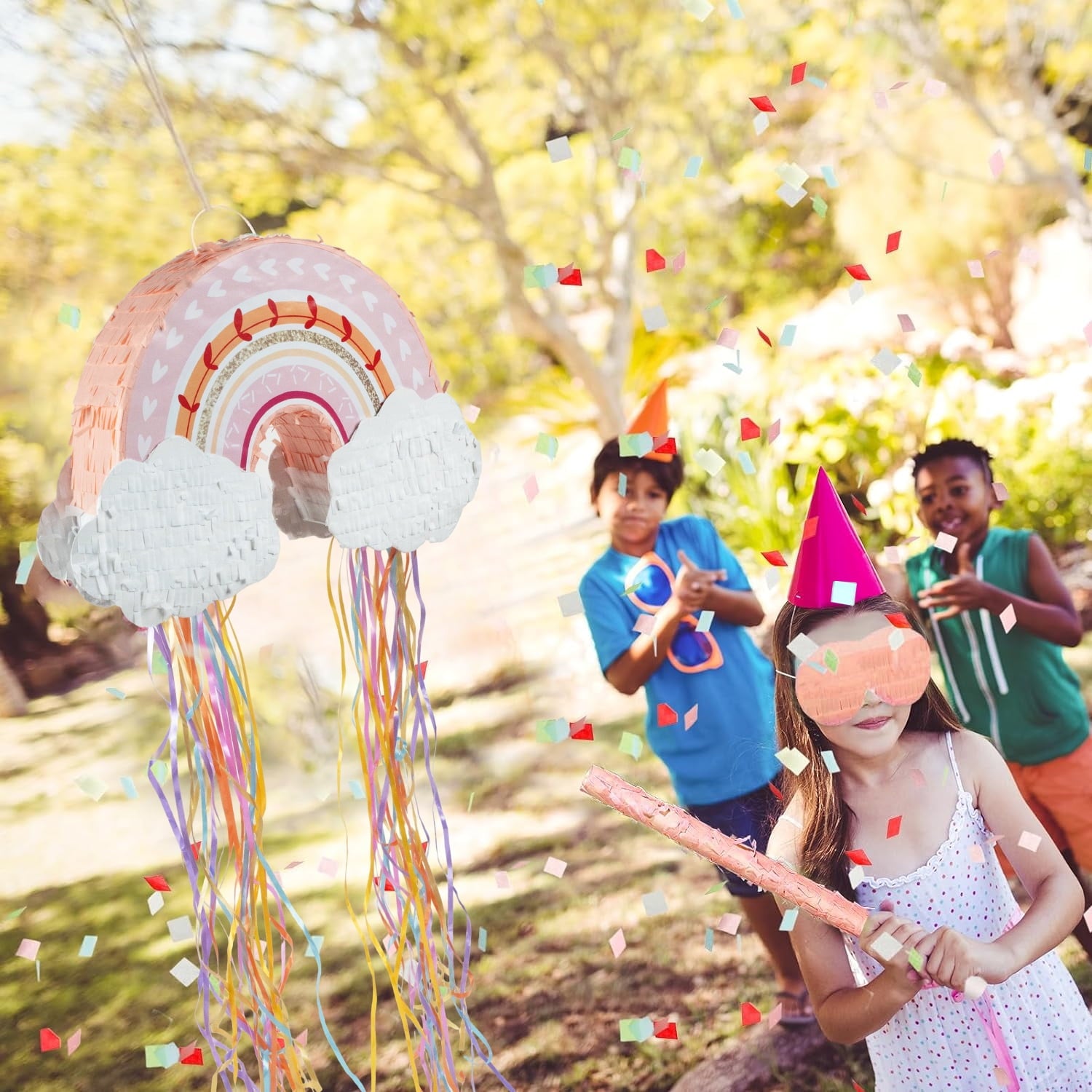 JUGAAD LIFE Rainbow Pinata Party Supplies Pinata Bundle with Blindfold, Bat and Colorful Confetti for Girls Boys Kids Birthday Party Toys Game Decorations
