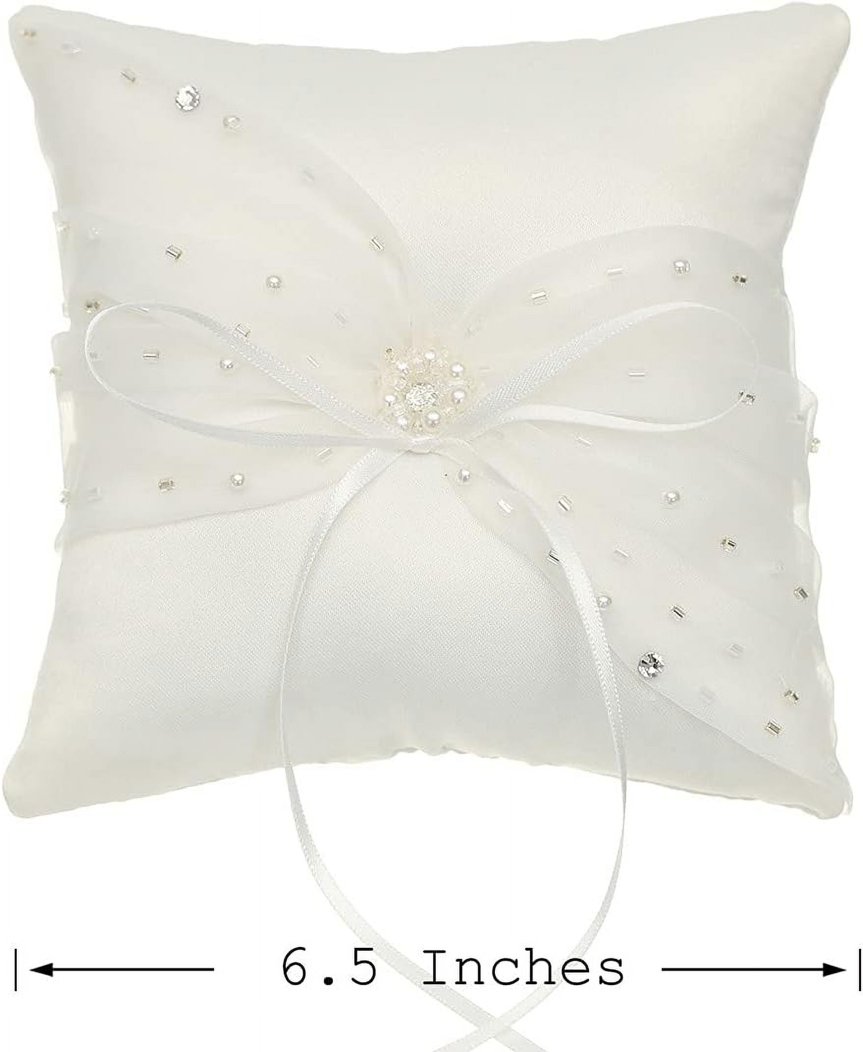 Crystal Beads Lace Bow Wedding Ring Bearer Pillow 6.5 Inch x 6.5 Inch - RP015I