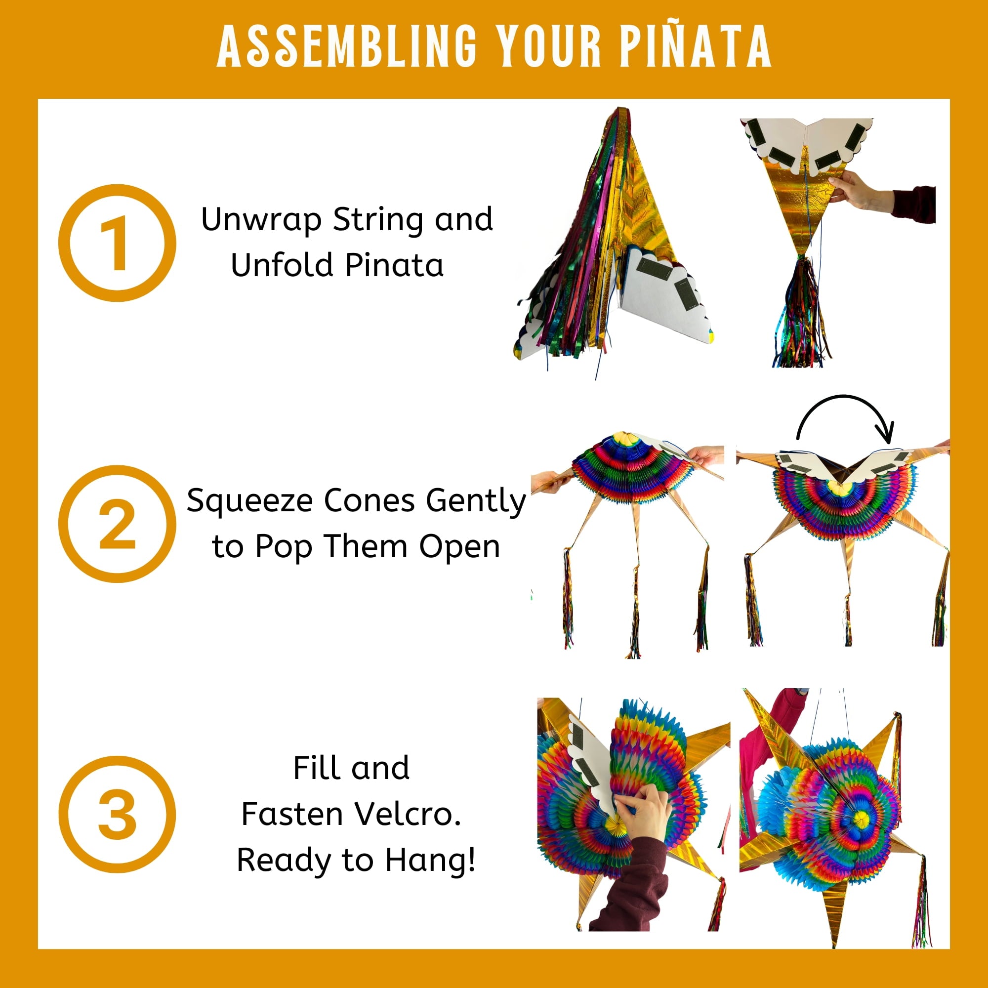 Extra Large 32" Pinata, Mexican Star with Gold Cones and 30-ft Rope - Handmade, Foldable Piñata for Birthday Parties and Mexican Fiestas
