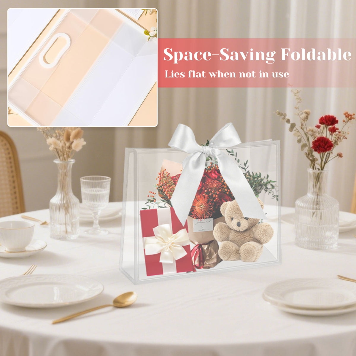 Clear Plastic Gift Bags with Die Cut Handles Graduation Reusable Flower Gift Bag with Ribbon for Wedding Birthday Party Business 12"x10"x5" 12 Pcs White