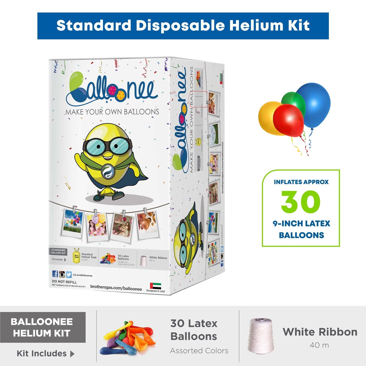 Balloonee Standard Disposable Helium Party Kit, Helium Tank for Balloons At Home, 7 Cu Ft Helium Balloon Pump Kit with 30 Assorted Latex Balloons