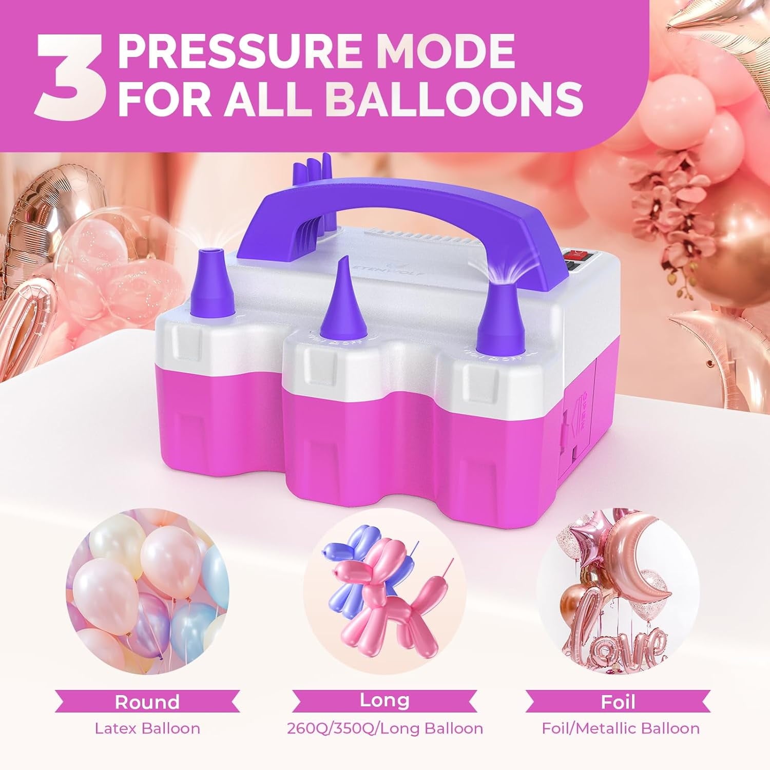 ETENWOLF  Electric Balloon Pump for All Balloons with 3 Nozzles 110V 600W Balloon Blower for Party Metalic Latex 260q Foil Balloons, Balloon Inflator for Birthday Decorations