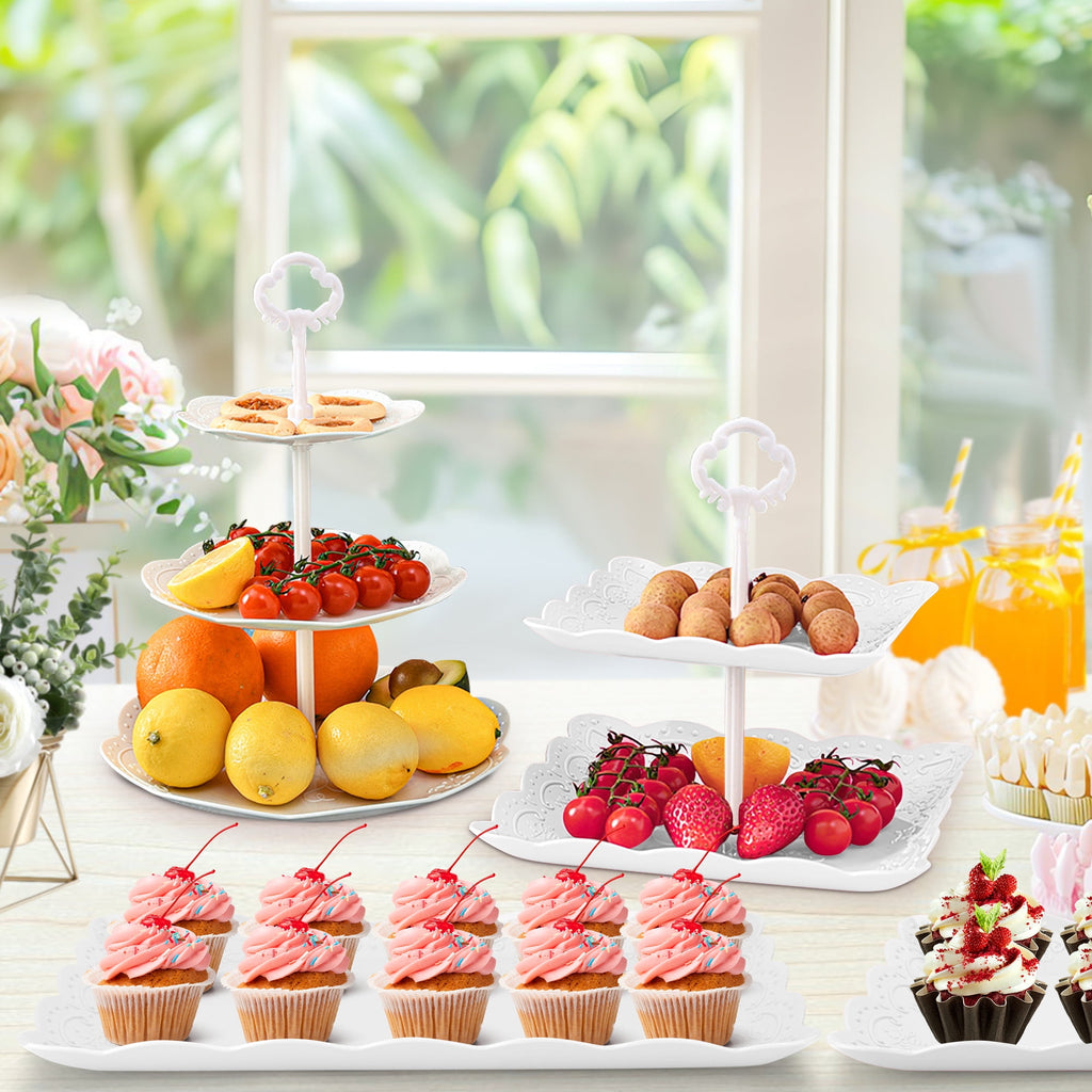 6Pcs Cupcake Stand White Plastic Cake Stand Dessert Table Stands Set 3Tier 2Tiered Cupcake Tower Stand Treat Display Holder Cookie Candy Serving Tray Dessert Trays for Wedding Baby Shower Tea Party