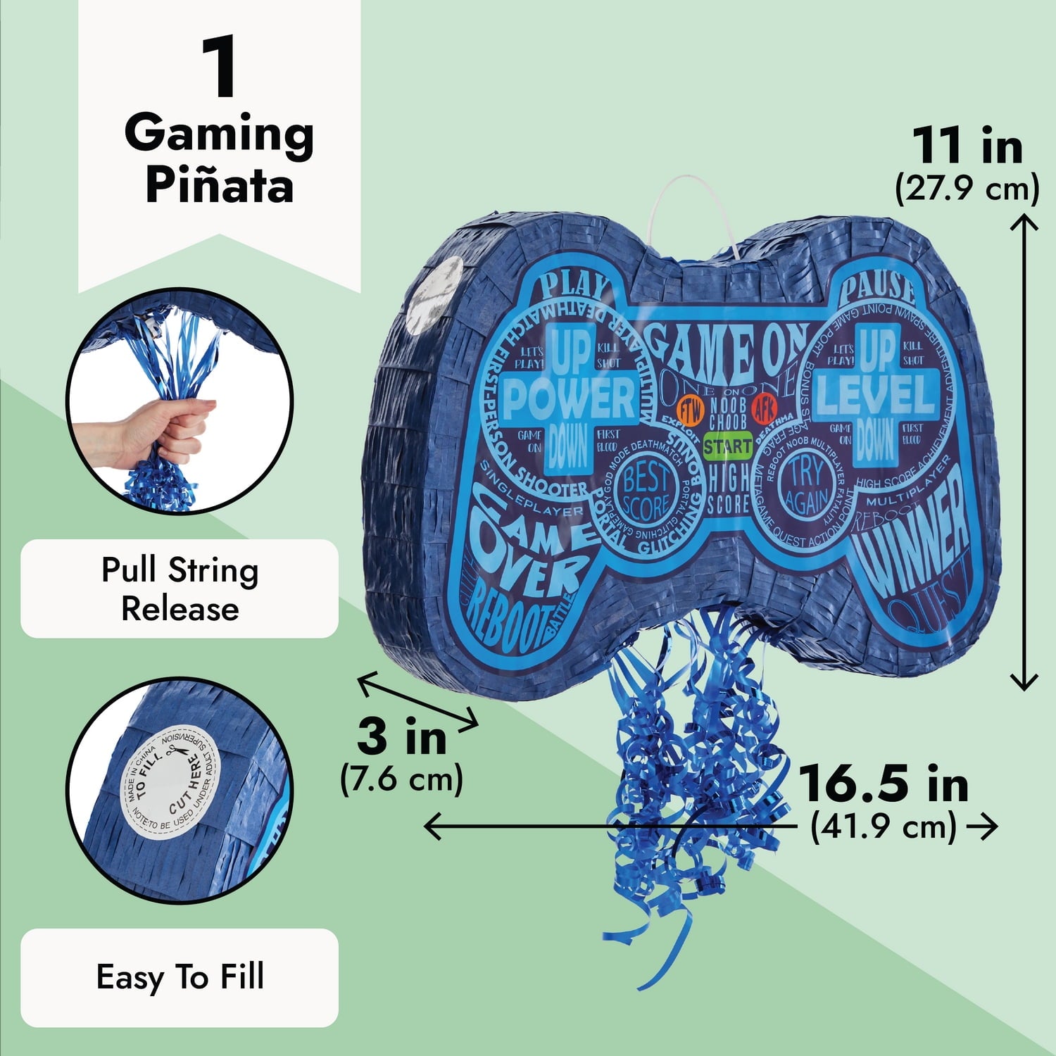 Pull String Video Game Pinata, Blue Gaming Controller for Gamer Party Decorations for Boys (16.5 x 11 x 3 In), Ages 3-14