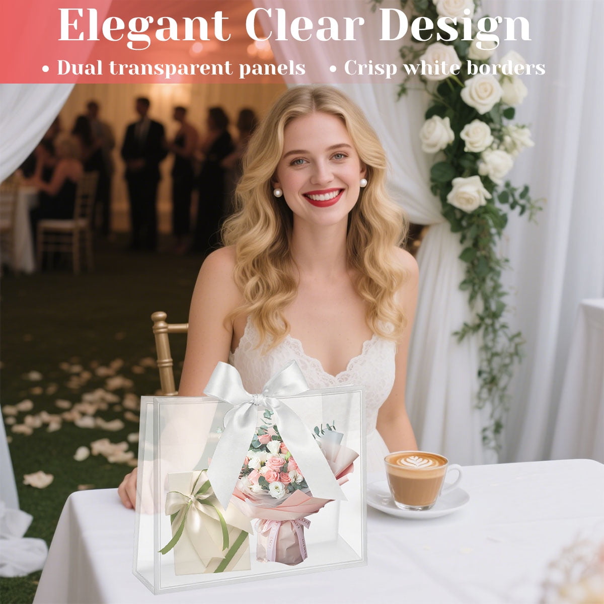 Clear Plastic Gift Bags with Die Cut Handles Graduation Reusable Flower Gift Bag with Ribbon for Wedding Birthday Party Business 12"x10"x5" 12 Pcs White