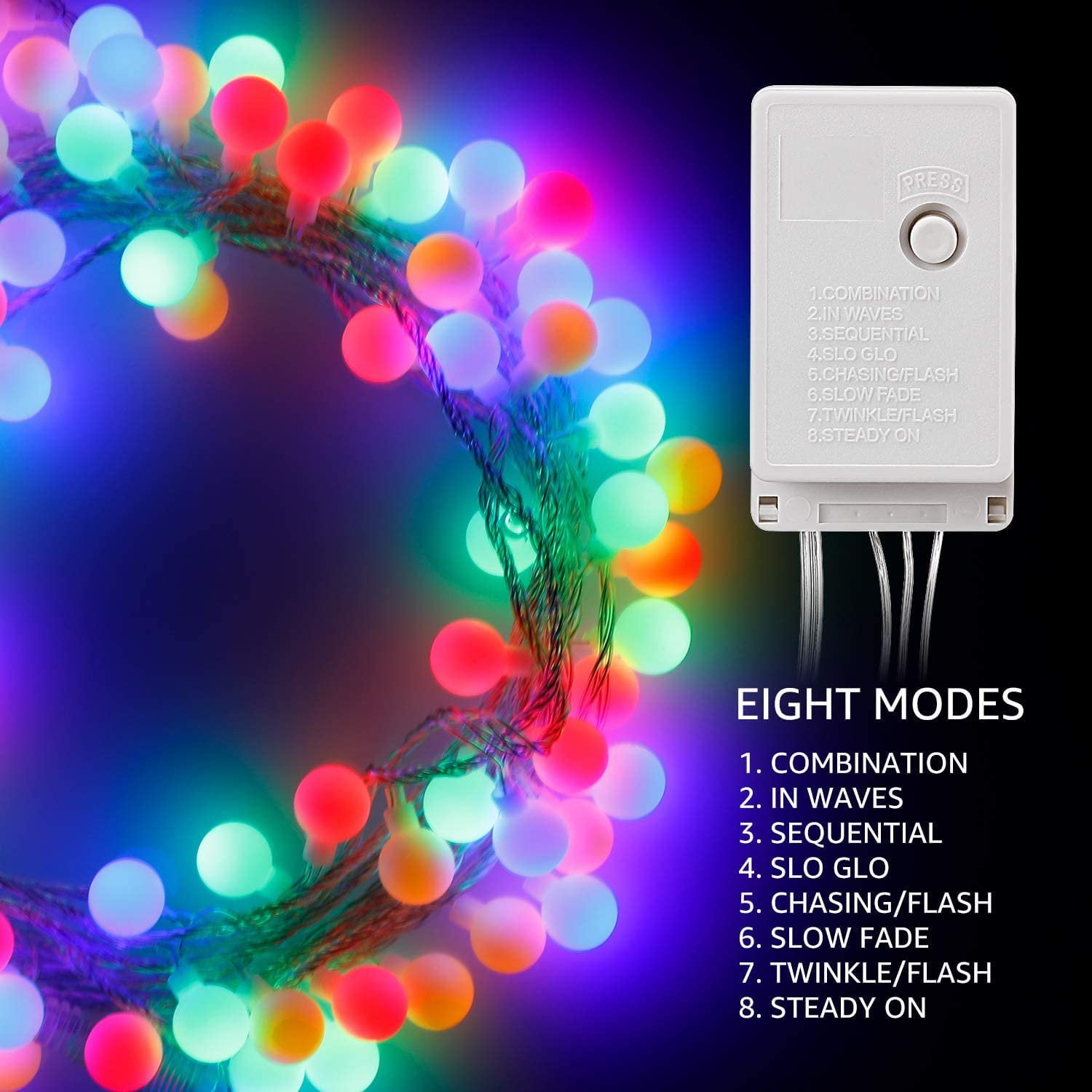 TORCHSTAR 33ft 100 LEDs Globe String Light Kit, 8 Modes Indoor & Outdoor Decorative Lighting, Multi-Color, PC Coated Copper Wires, for Holiday, Christmas, Thanksgiving, Party, Wedding