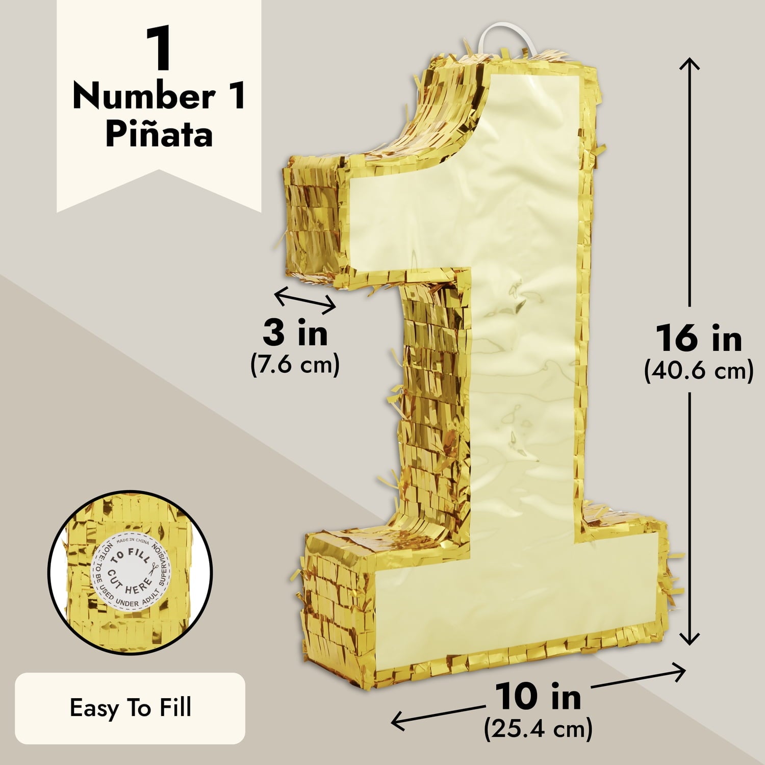 Juvale Gold Foil Number 1 Pinata for Kids Ages 3–14 Birthday Party Decorations, Centerpieces, Anniversary Celebrations, Small (16 x 3 x 10 In)