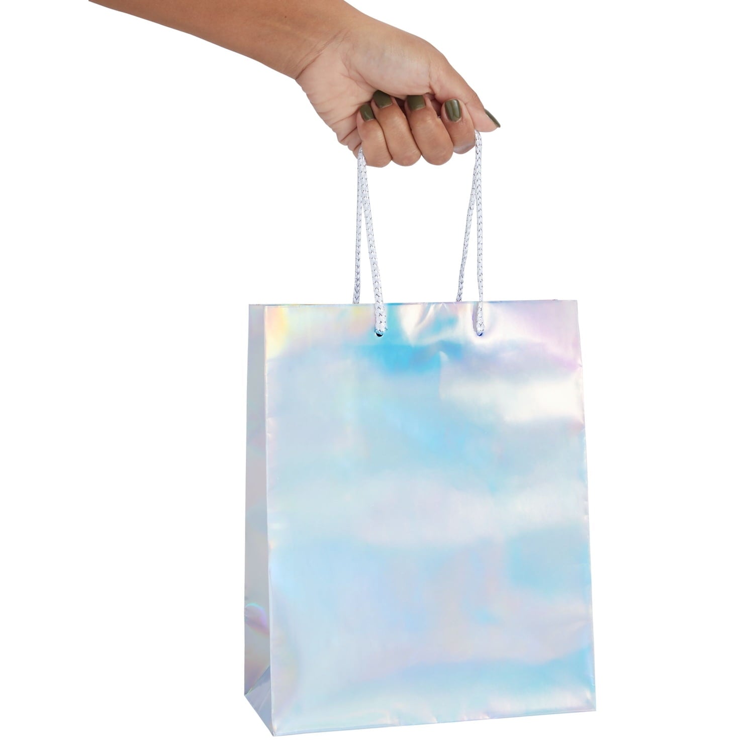 24 Pack Holographic Silver Gift Bags with Handles, 8x4x10 Inch for Wedding, Birthday, Retail, Small Business, Shopping