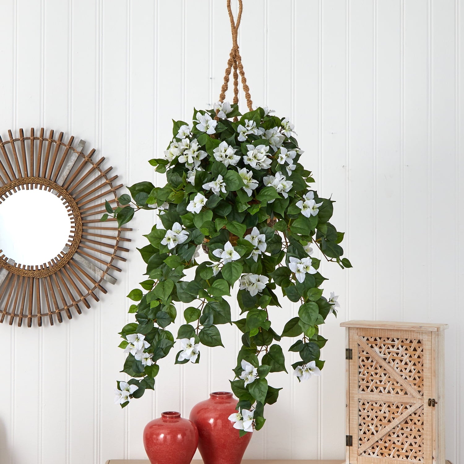 Nearly Natural Bougainvillea Hanging Basket, White