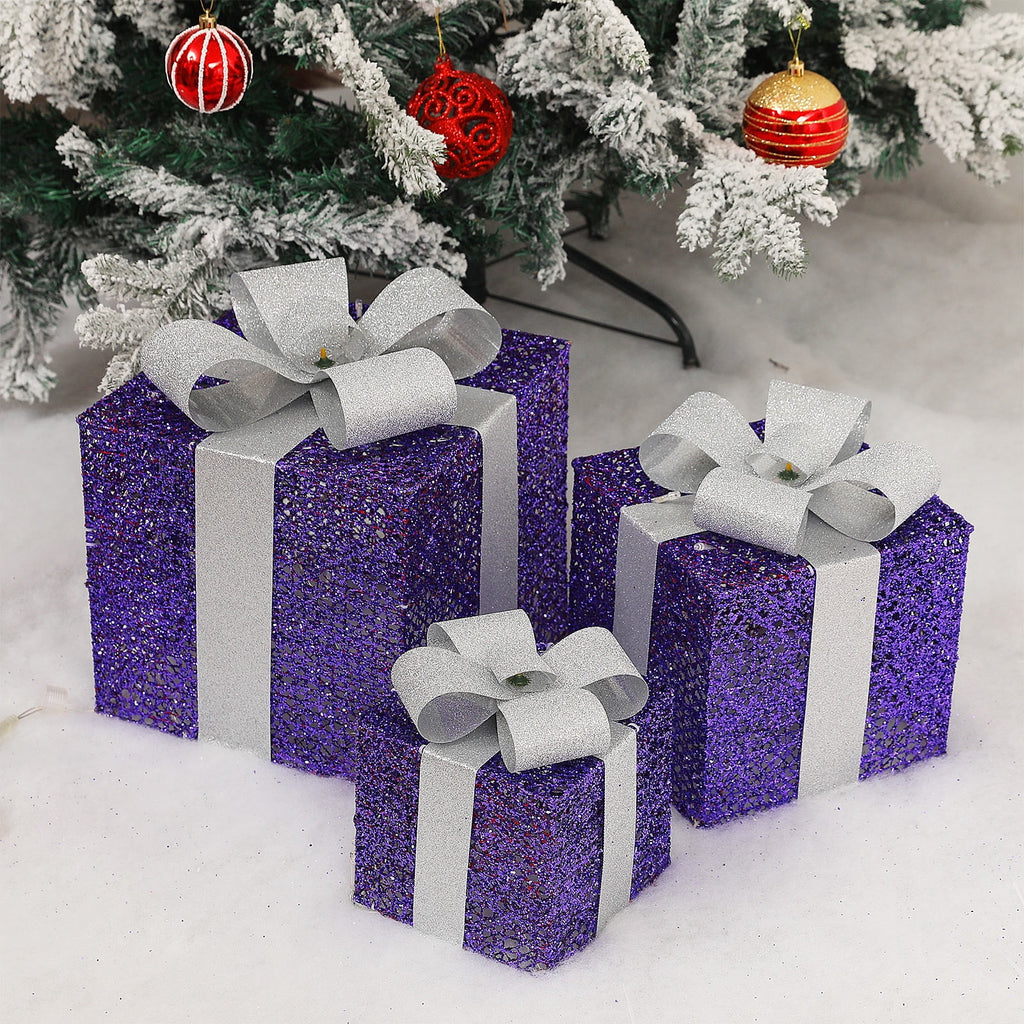 Bxaolu Christmas Lighted Gift Boxes: Set of 3 Light Up Presents Christmas Decoration for Indoor Xmas Tree Outdoor Yard Holiday, Battery Operated Gift Boxes with Lights(Purple)