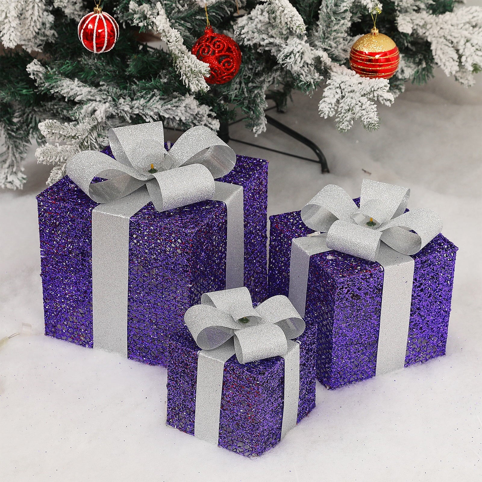 Bxaolu Christmas Lighted Gift Boxes: Set of 3 Light Up Presents Christmas Decoration for Indoor Xmas Tree Outdoor Yard Holiday, Battery Operated Gift Boxes with Lights(Purple)