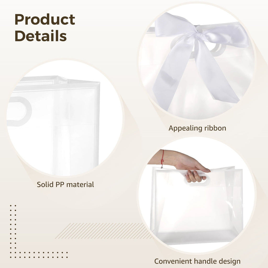 20 Pcs Clear Plastic Gift Bags with Handles, 12*5*10'' PP Frosted Totes with 31 Inch Ribbon, Reusable Waterproof Presentation Bags for Party Favor, Baby Shower, Wedding, Birthday