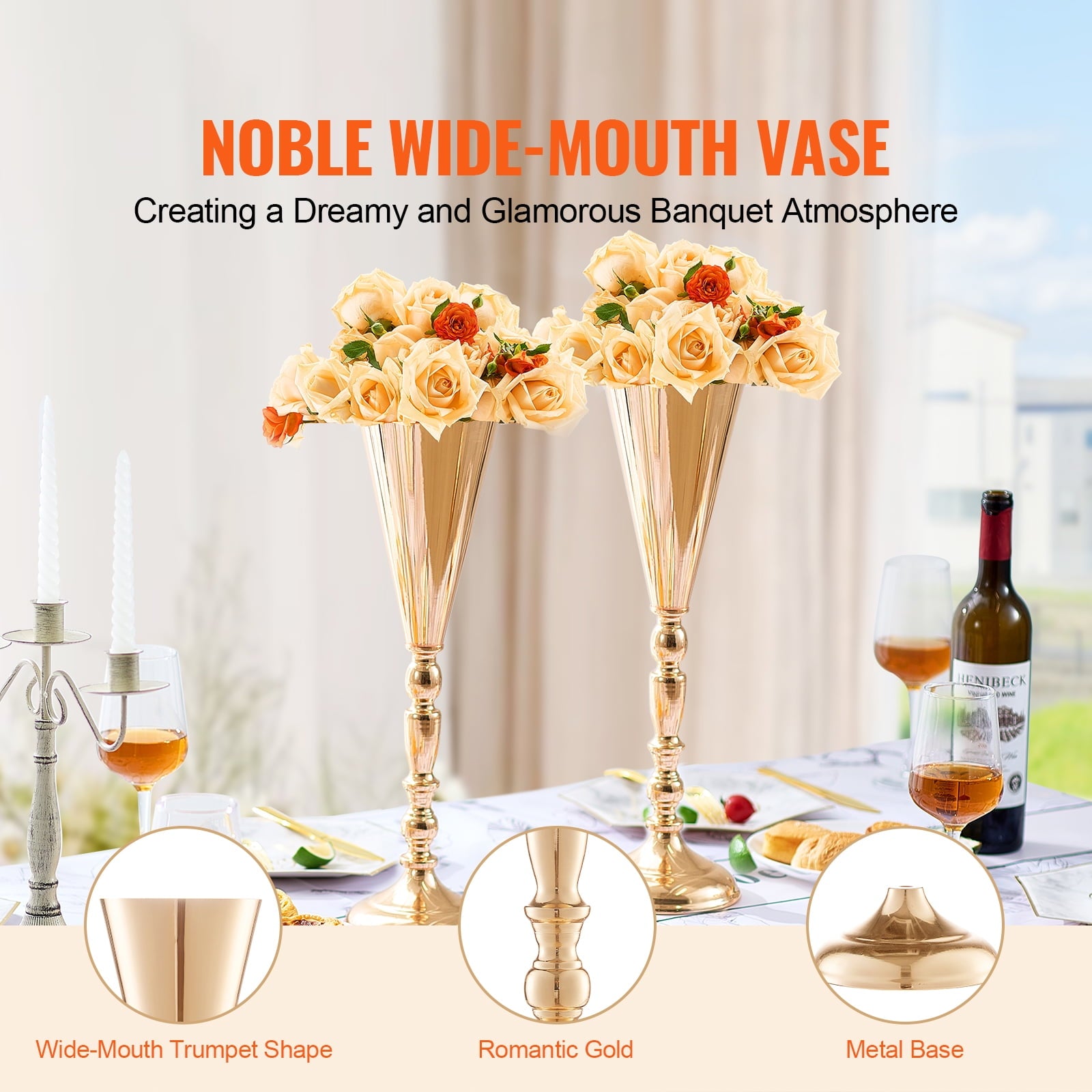 KFFKFF 10-Piece Set, 43cm/16.9'' Height, Gold Metal Flower Vases, Trumpet-Shaped Centerpieces for Wedding Tables, Dinner Parties, Anniversaries, Birthdays, and Ceremonial Events