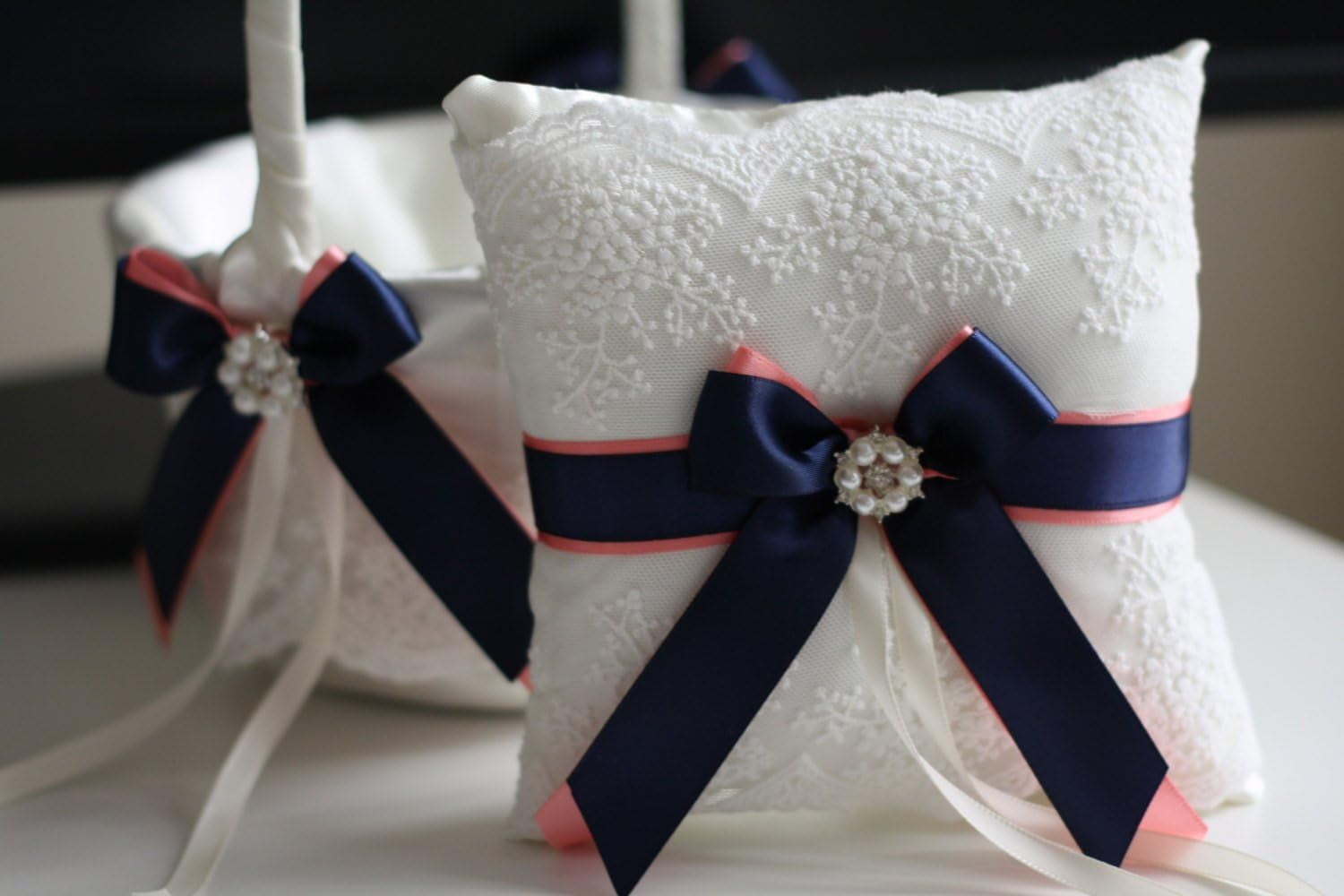 Wedding Flower Girl Basket & Ring Bearer Pillow Set by  Emotions (Coral Navy)