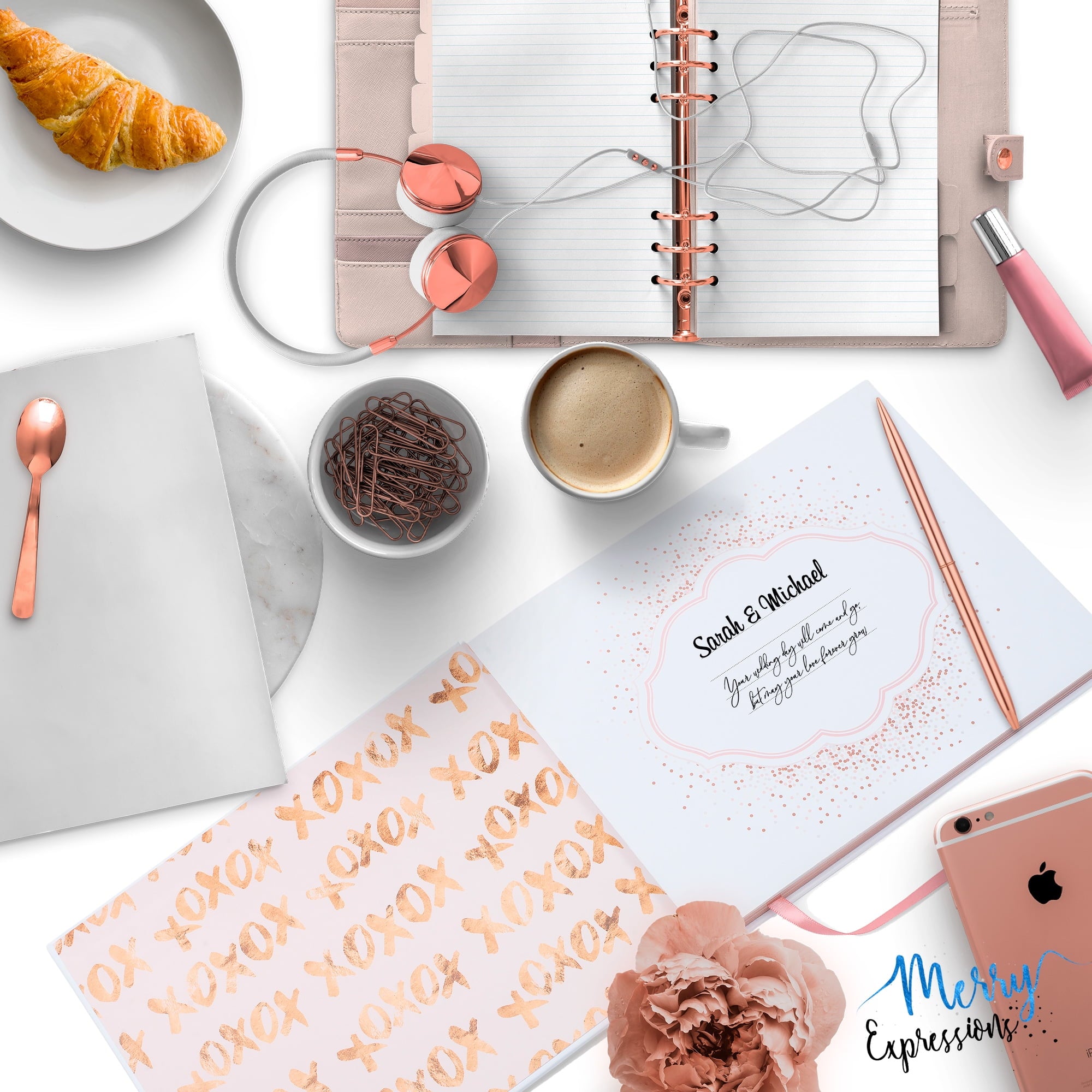 Merry Expressions Rose Gold Wedding Guest Book & Pen Set - 9" x 7" Hardcover 100 Page/50 Sheets
