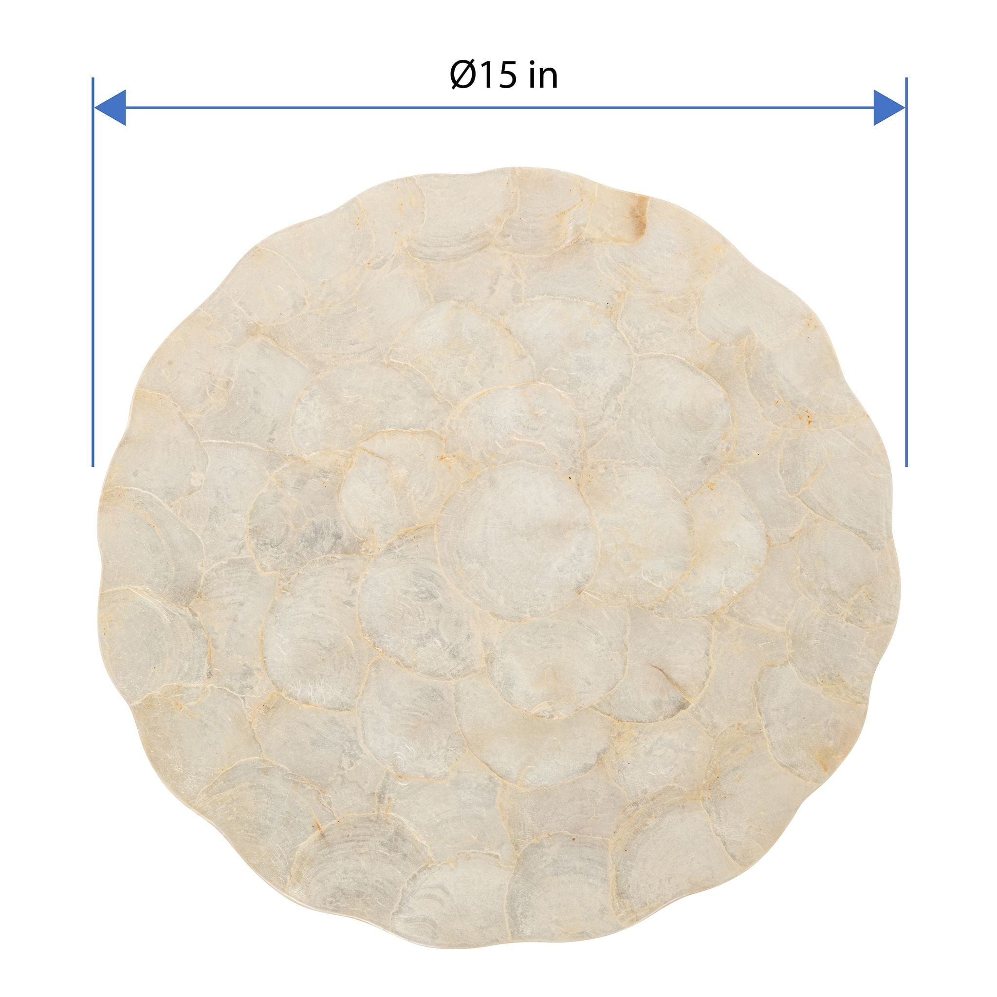KOUBOO Round Capiz Seashell Leaf Charger Plates, Ivory-Gold-Plearlescent Rustic Water Hyacinth Decorative Charger Plater, Wedding, Party (Set of 2) 15 In