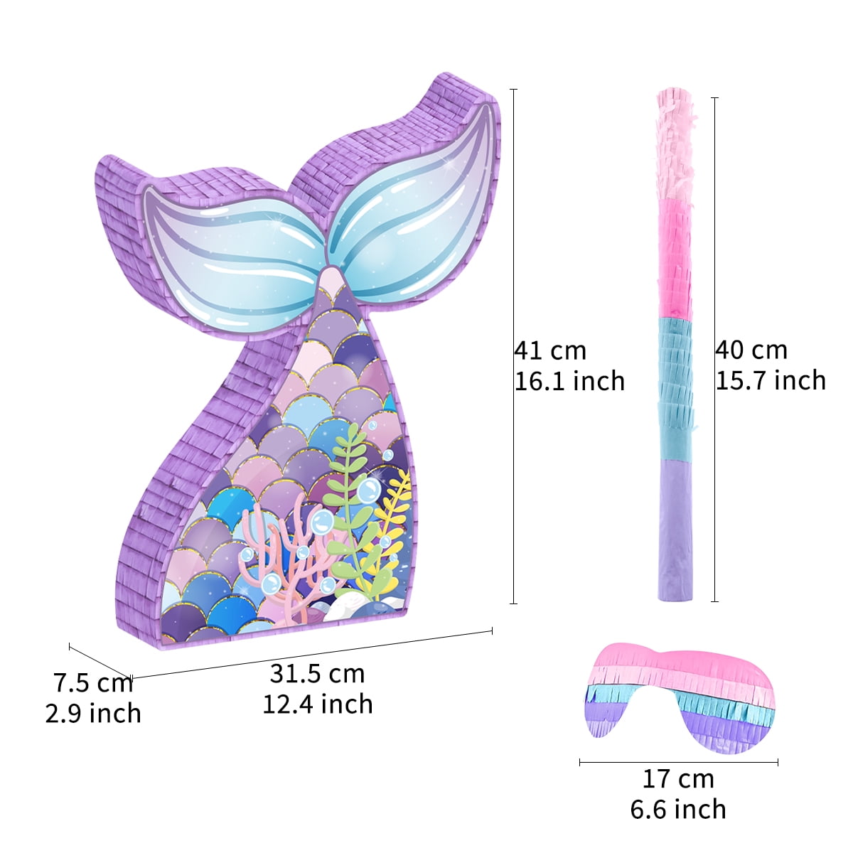 Mermaid Pinata,Mermaid Party Supplies, Mermaid Tail Pinata with Plastic Bat and Paper Blindfold for Kids Ocean Theme Party Game Carnival Activity Decoration (16.1''X12.4''X2.9'')