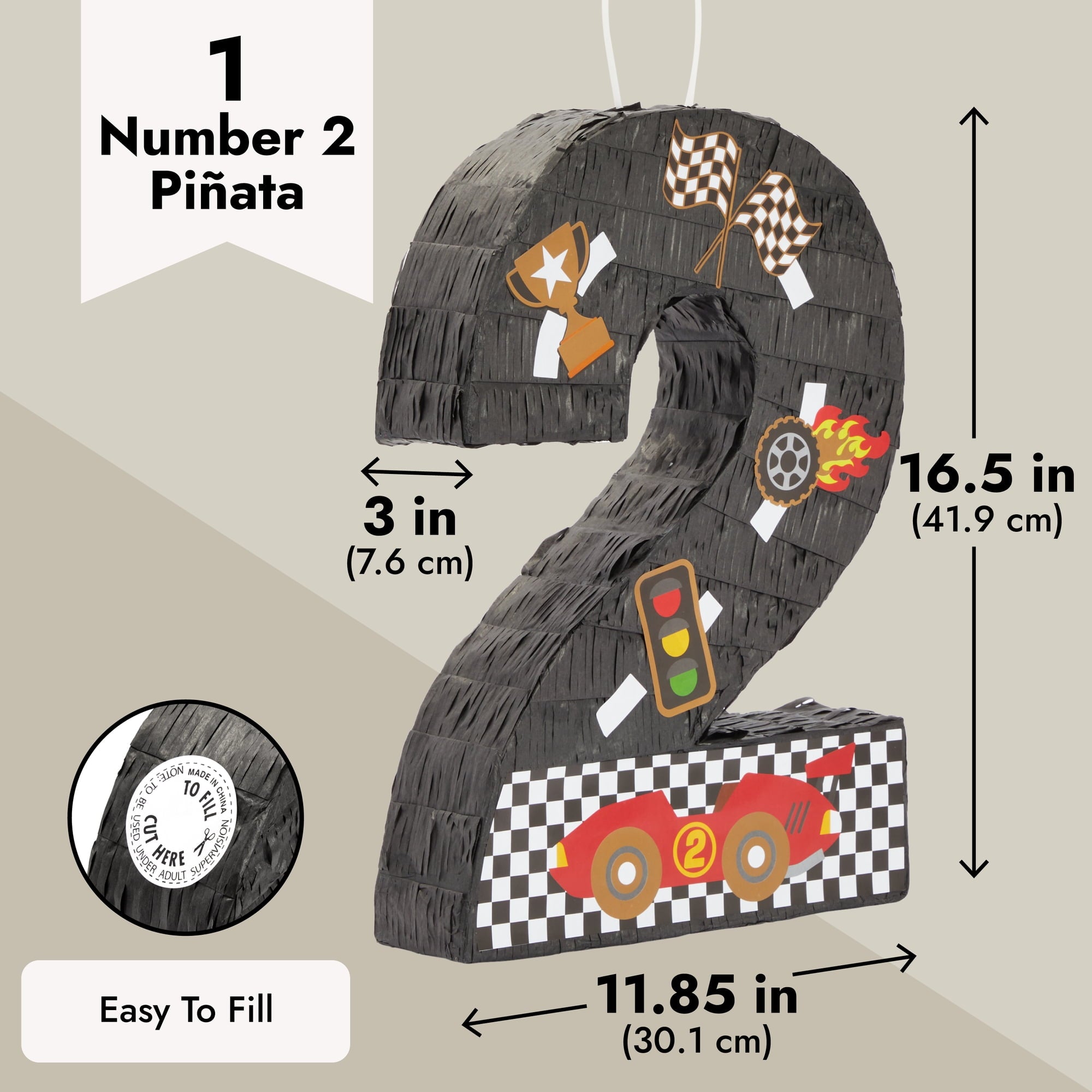 Number 2 Race Car Pinata for Two Fast Birthday Decorations, Party Supplies (Small, 11.85"L x 3"W x 16.5"H), For Ages 3+