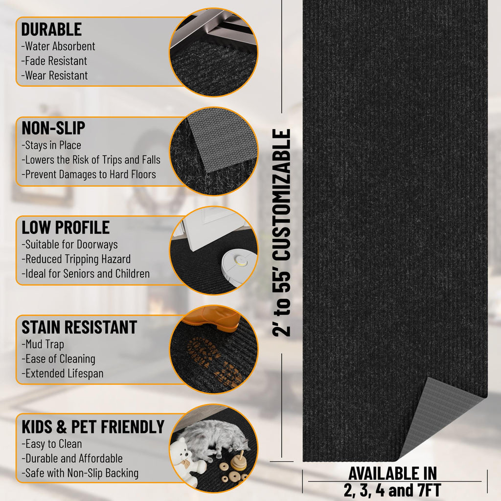 Sweet Home Stores Custom Size Waterproof Non-Slip Rubberback 2x17 Indoor/Outdoor Utility Runner Rug, 2' x 17', Black