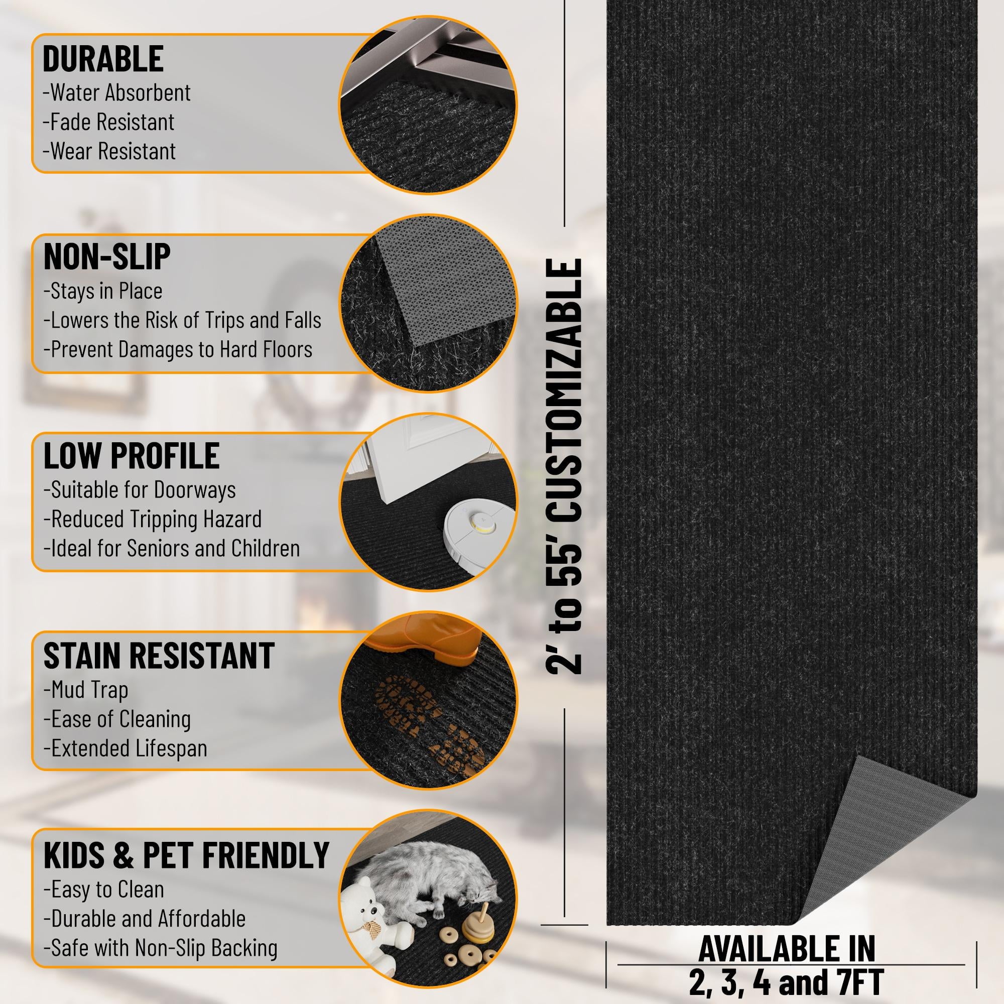 Sweet Home Stores Custom Size Waterproof Non-Slip Rubberback 2x17 Indoor/Outdoor Utility Runner Rug, 2' x 17', Black