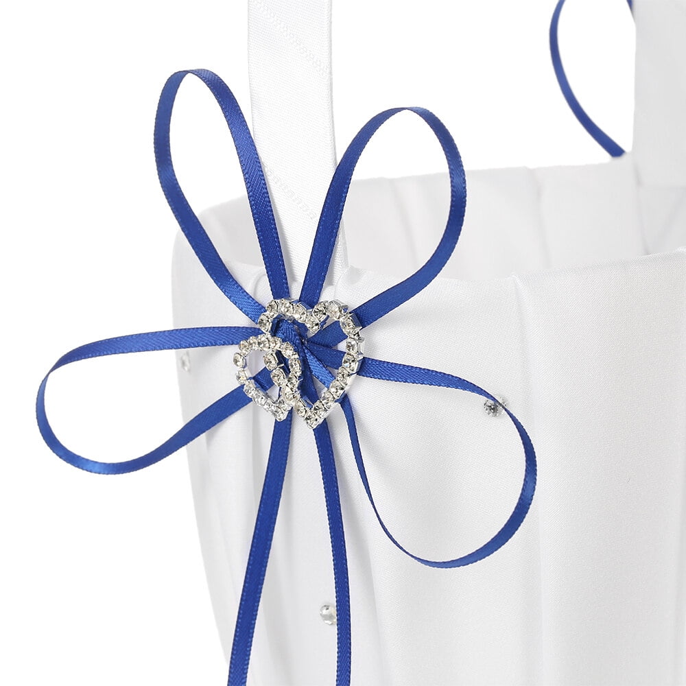 Leyfeng 6 * 6 inches Double Heart Satin Ring Bearer Pillow and Wedding Flower Girl Basket Set with Rhinestone Ribbon Decoration Blue