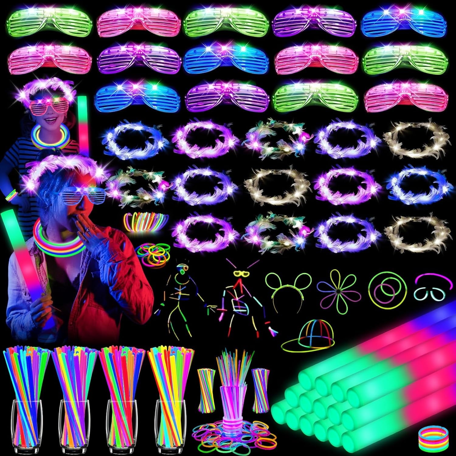 Ayieyill 206pcs Glow in the Dark Party Supplies for Kids Adults, Neon Light Up Halloween Party Favors with Glow Sticks
