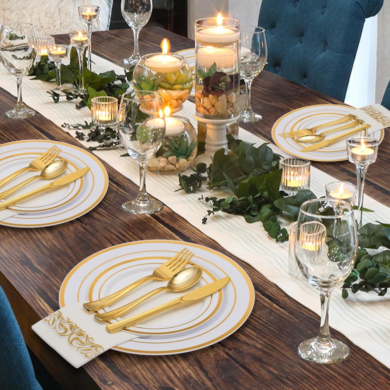 Frsuoak 350 Piece Gold Dinnerware Set for 50 Guests, Plastic Plates Disposable for Party, Include: 50 Gold Rim Dinner Plates, 50 Dessert Plates, 50 Paper Napkins, 50 Cups, 50 Gold Silverware Set