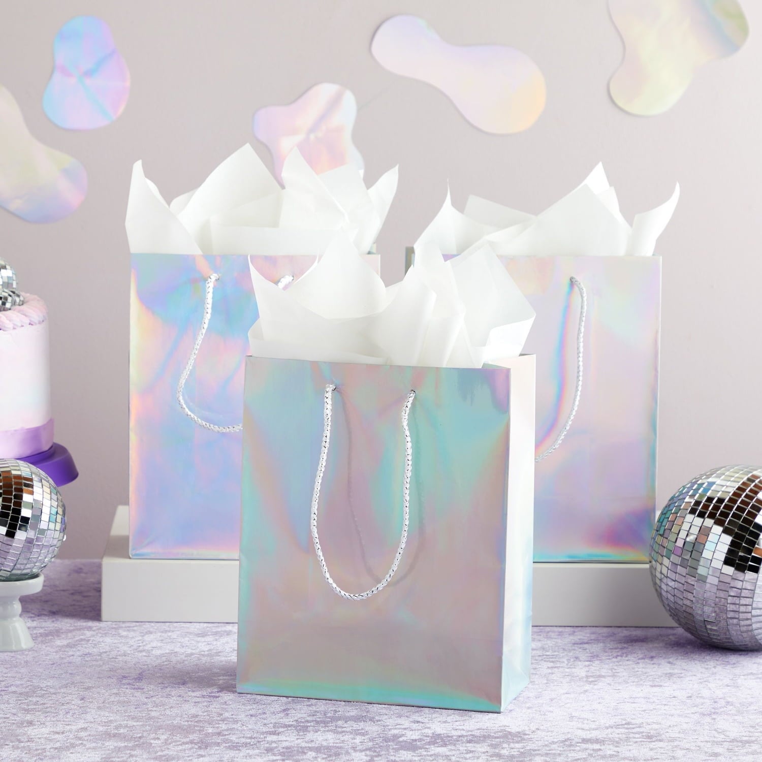24 Pack Holographic Silver Gift Bags with Handles, 8x4x10 Inch for Wedding, Birthday, Retail, Small Business, Shopping