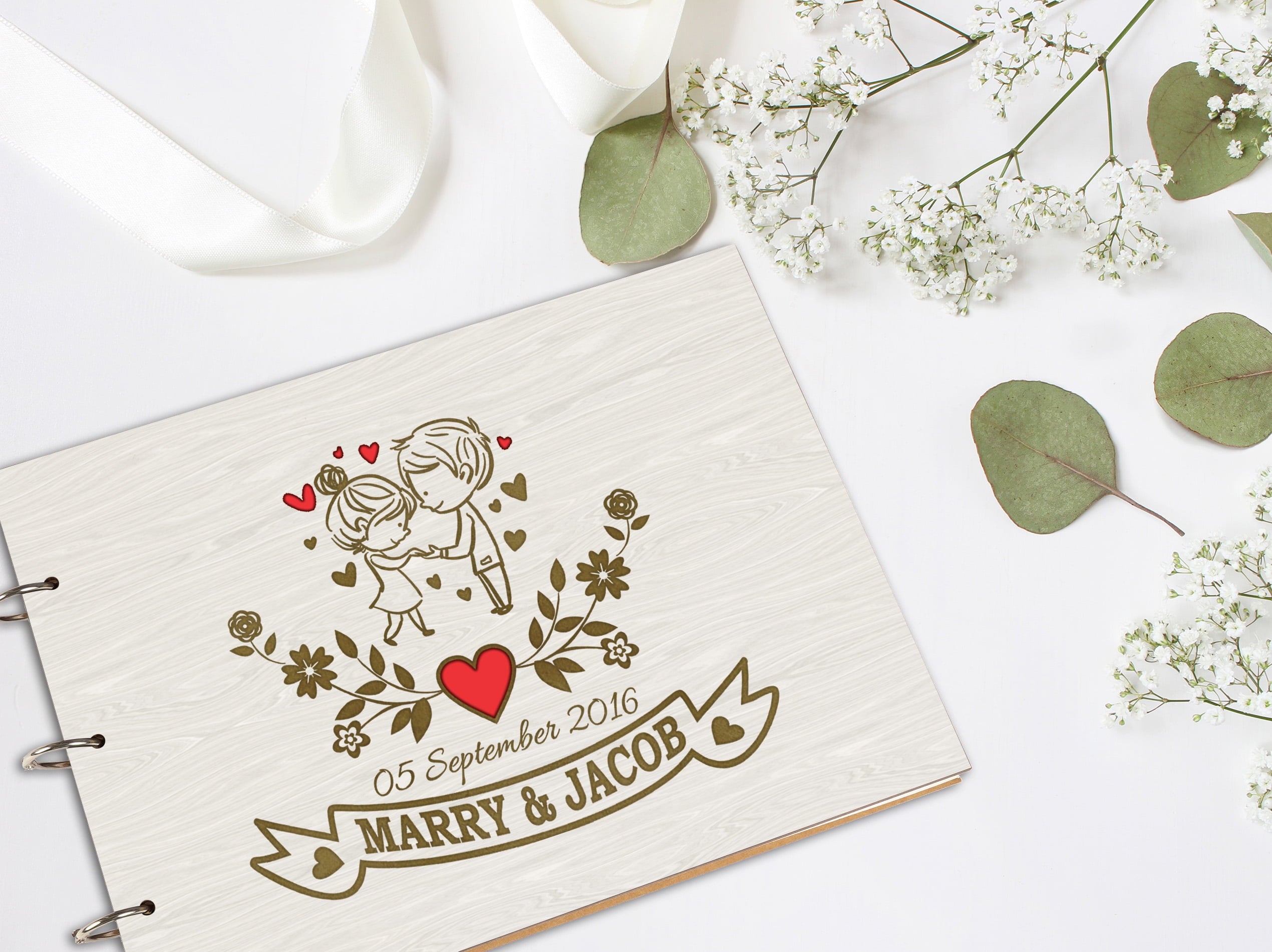 Darling Souvenir Personalized Engraved Laser Cut Wedding Guest Book Wooden Cover Sign-in Book Registry Guestbook Scrapbook-MK