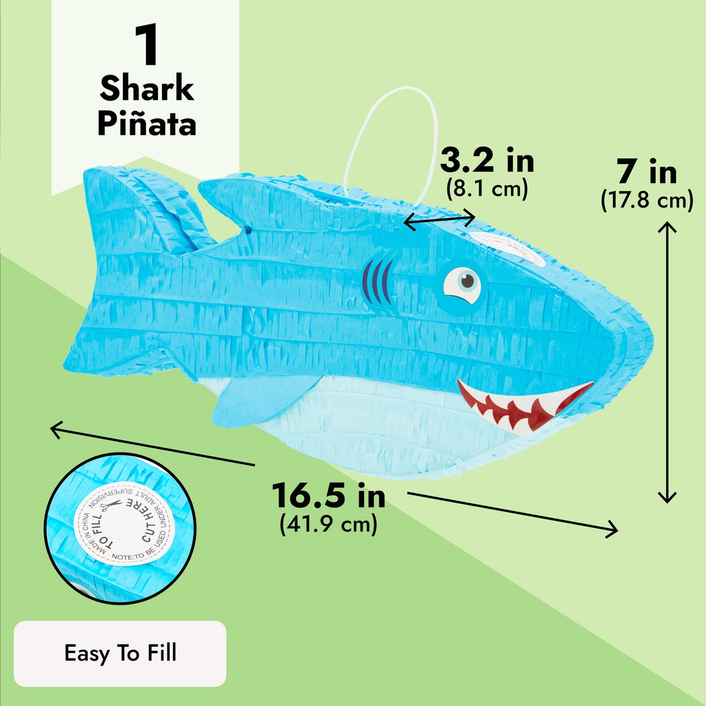 Shark Pinata, Ocean-Themed Fish Pinata, Shark Birthday Decorations, Under the Sea Party Decor (Small, 3.2" x 7" x 16.5"), For Ages 3+