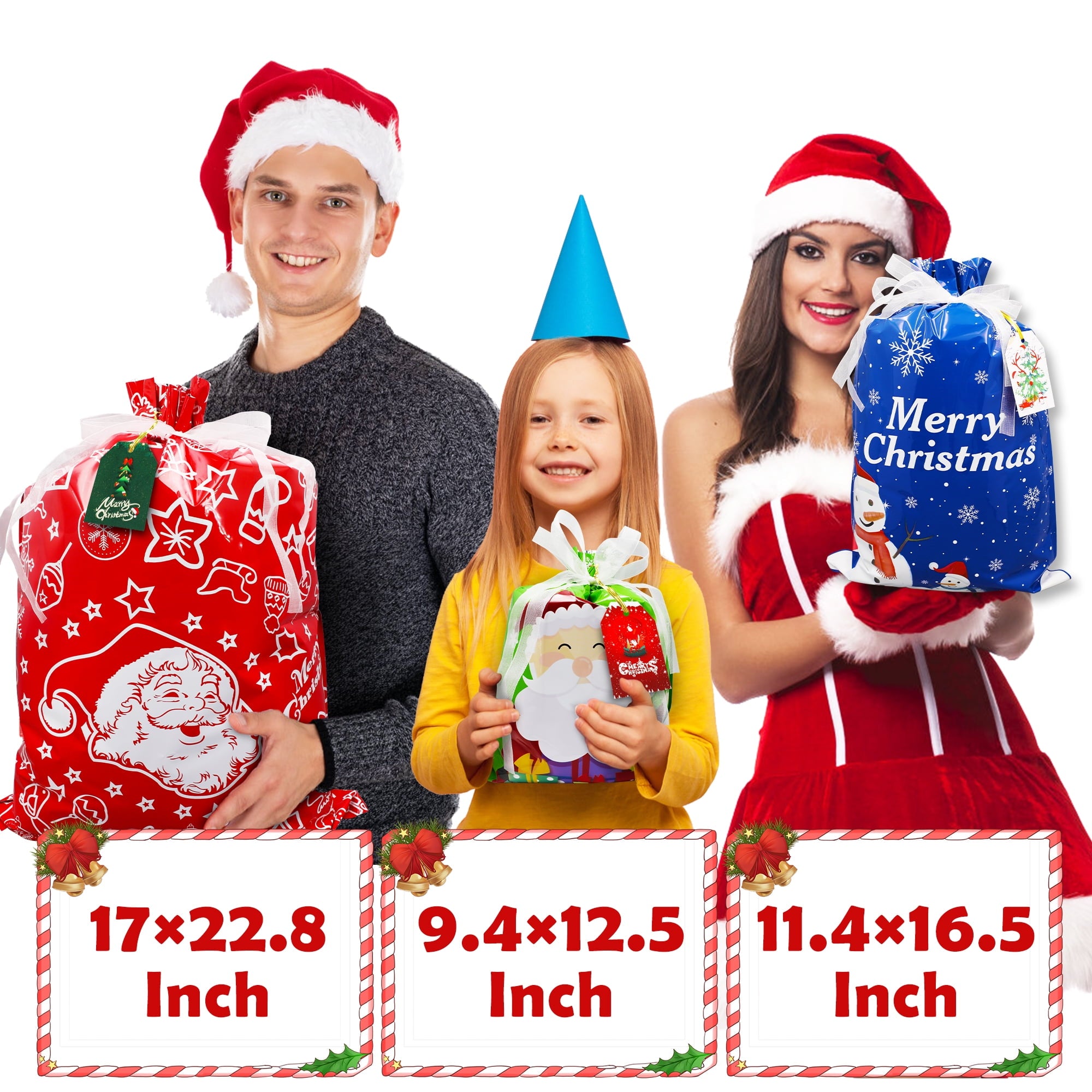 Tuonito 30PCS Christmas Drawstring Gift Bags of Assorted Sizes , Holiday Gift Bags with  Drawstrings for Xmas Party Favors