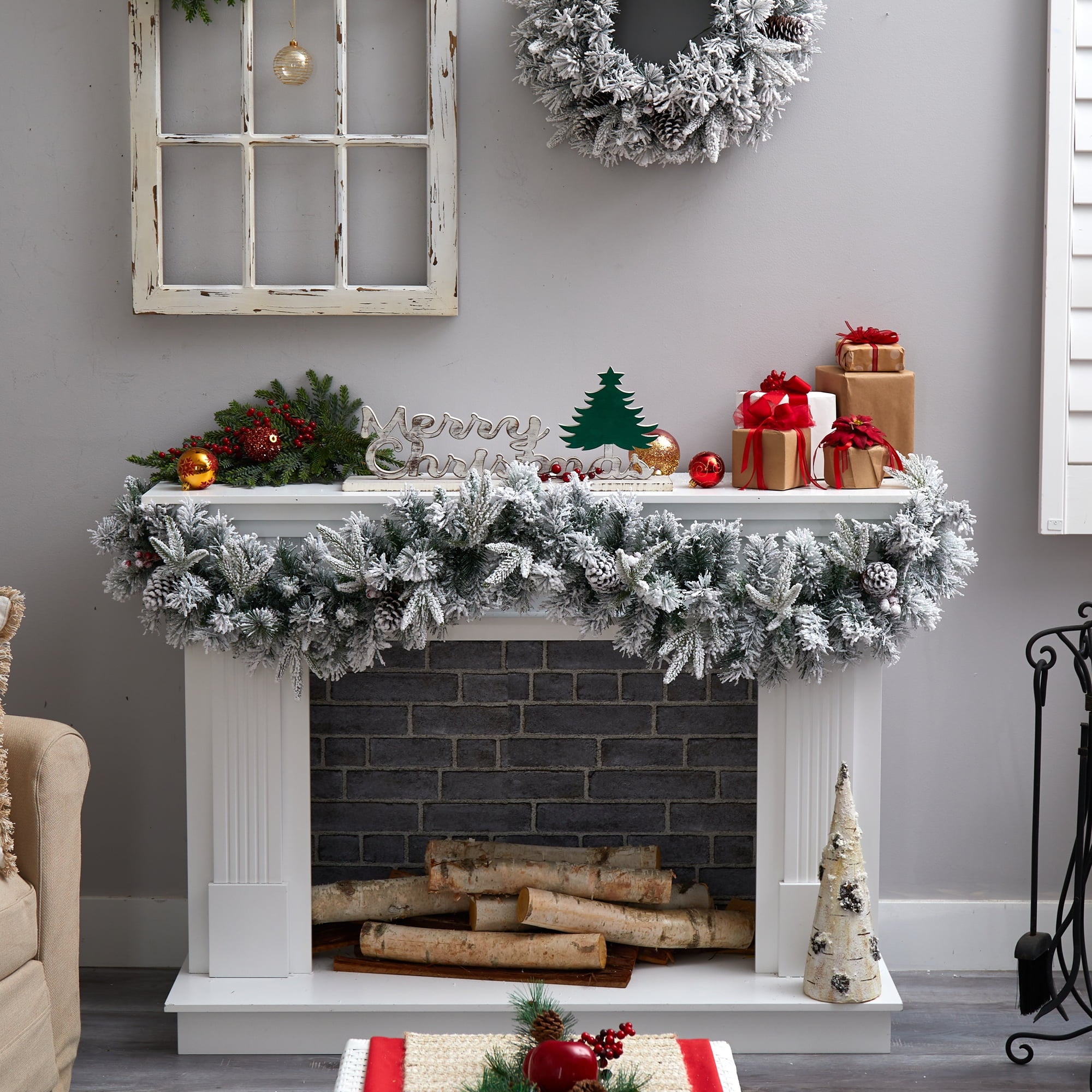 Nearly Natural Christmas Flocked Pine White Prelit LED Battery Operated Garland, 72" (White)
