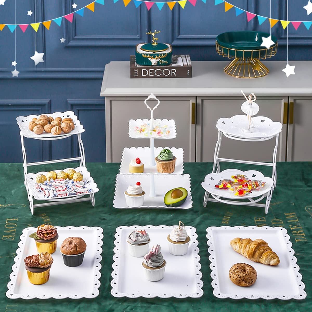 YMWVH 10-Piece White Plastic Cake Stand Set - 4 Tiered Cupcake Displays (3-Layer) & 6 Dessert Trays, Dessert Table Serving Racks for Weddings, Birthdays, Baby Showers & Tea Parties