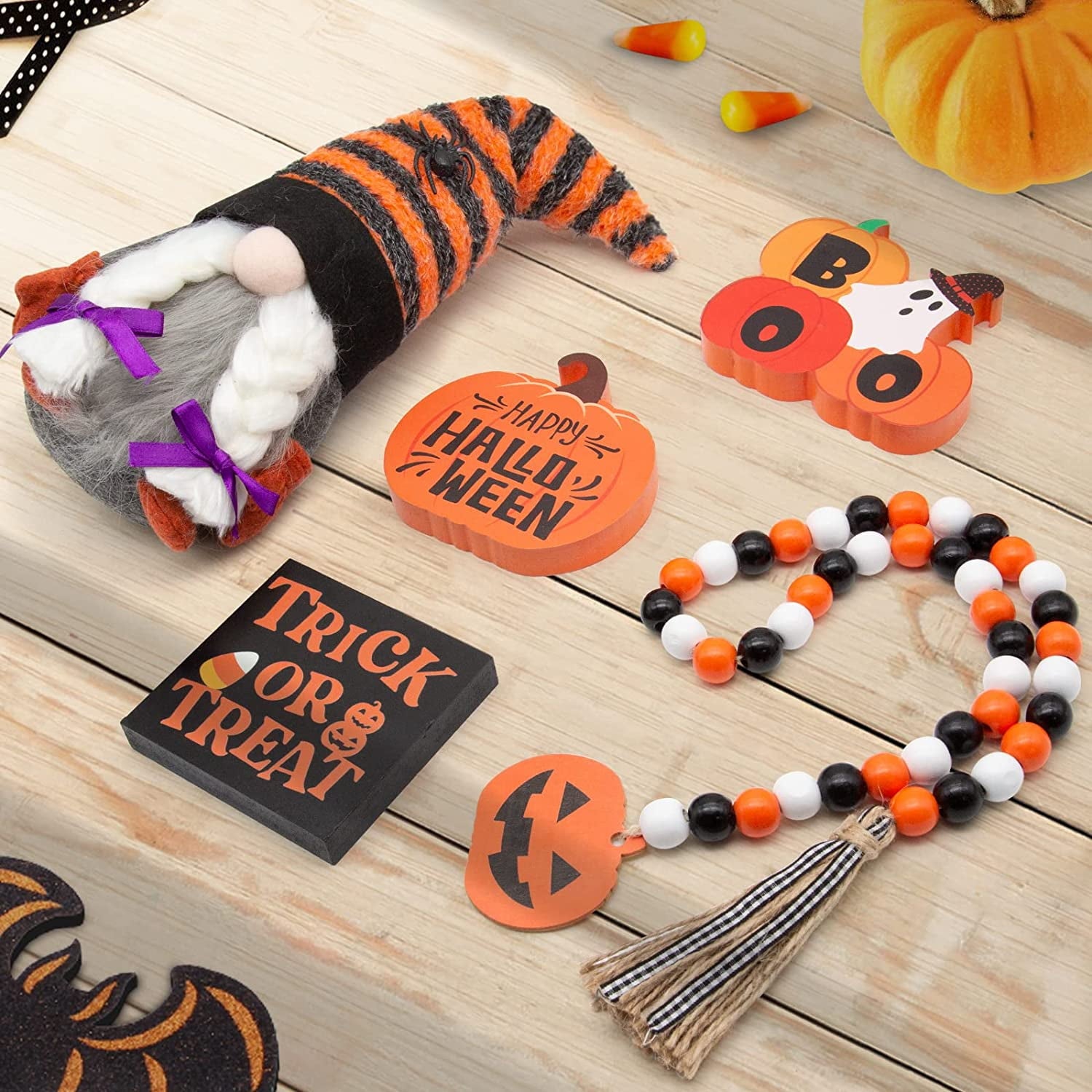 NXN-HOME Halloween Tiered Tray Decorations Including Trick or Treat Wooden Signs, Cute Gnomes Plush and Bead Garland