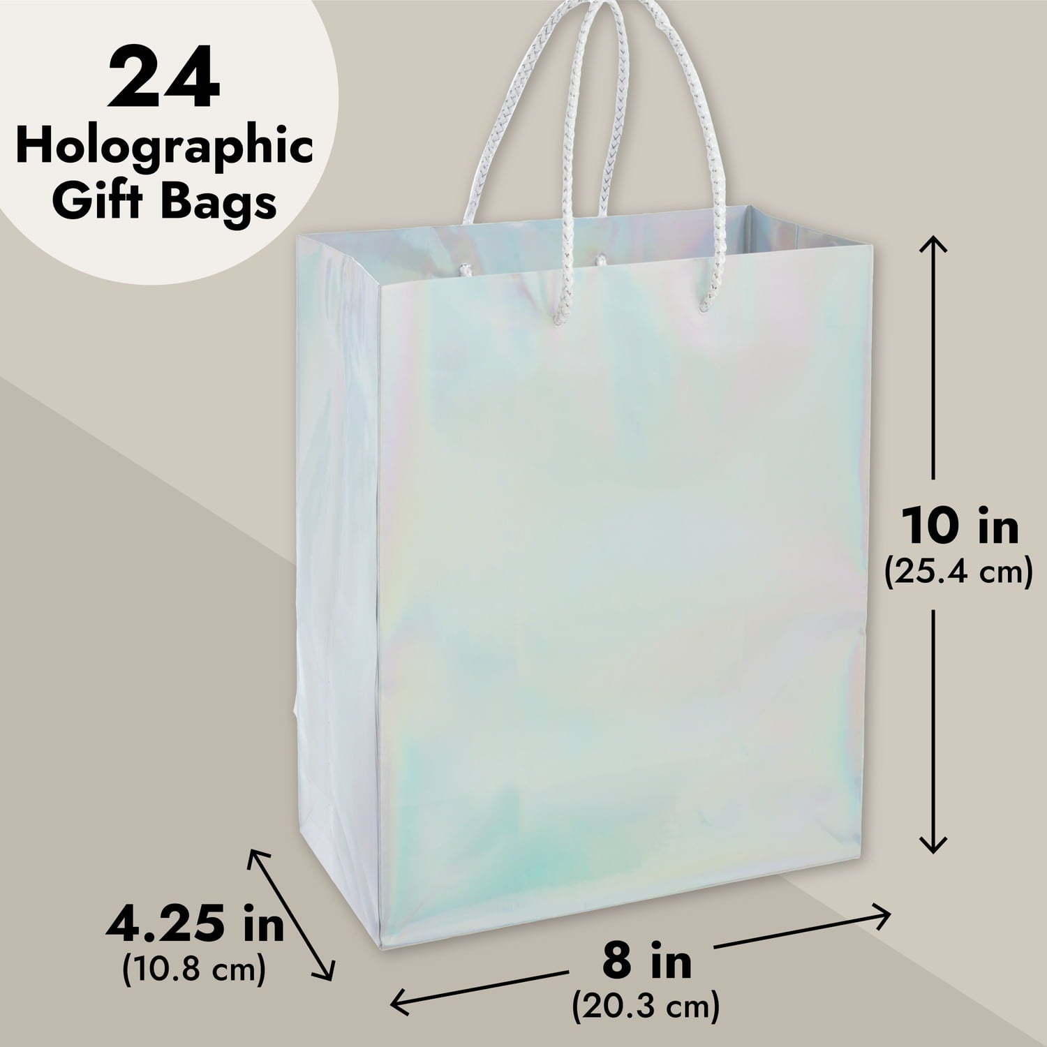 24 Pack Holographic Silver Gift Bags with Handles, 8x4x10 Inch for Wedding, Birthday, Retail, Small Business, Shopping