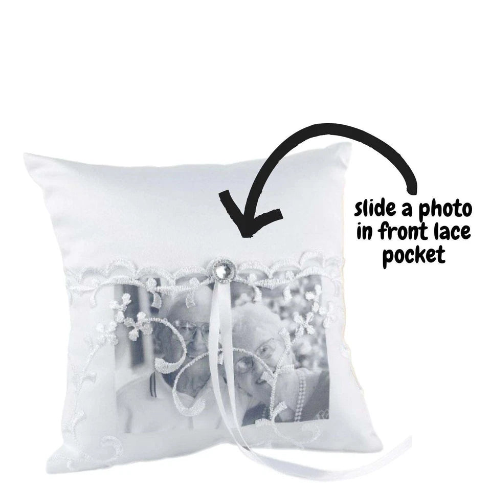 White Wedding Ring Bearer Pillow With Lace Pocket For Loved One Memorial