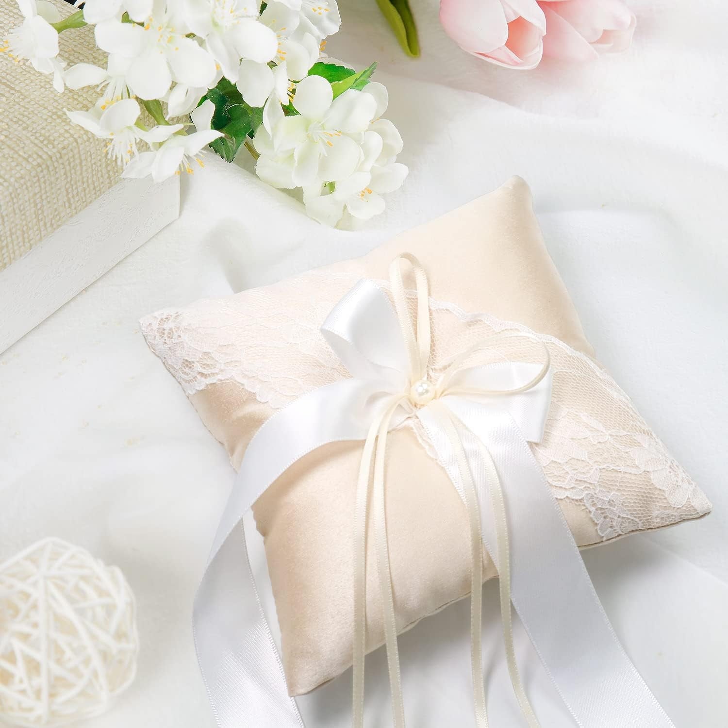 Stain Ring Bearer Pillows Faux Pearl Ribbons Bow Wedding Ring Pillows for Bridal Wedding (Champagne) Champagne 1 Count (Pack of 1)