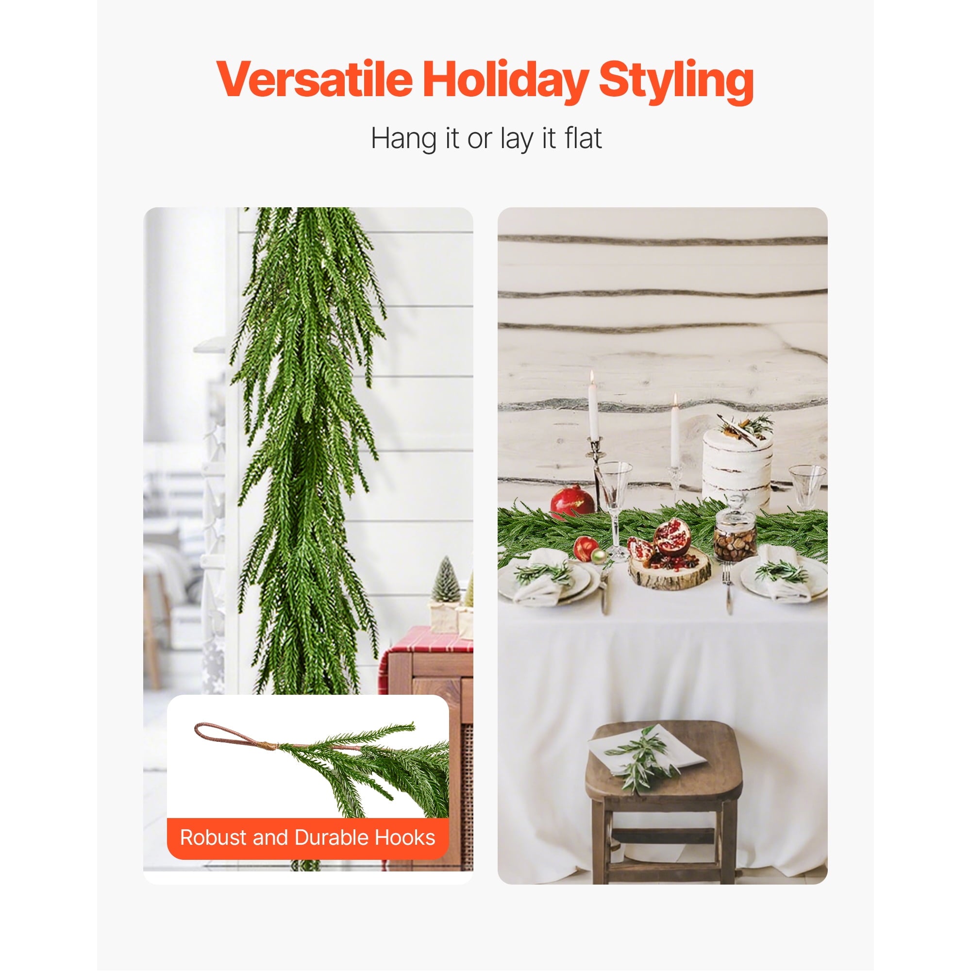 KFFKFF 9-FT Christmas Garland, Realistic Norfolk Pine Design, Artificial Evergreen Greenery for Indoor and Outdoor Holiday Decorations on Tables, Mantels, and Fireplaces