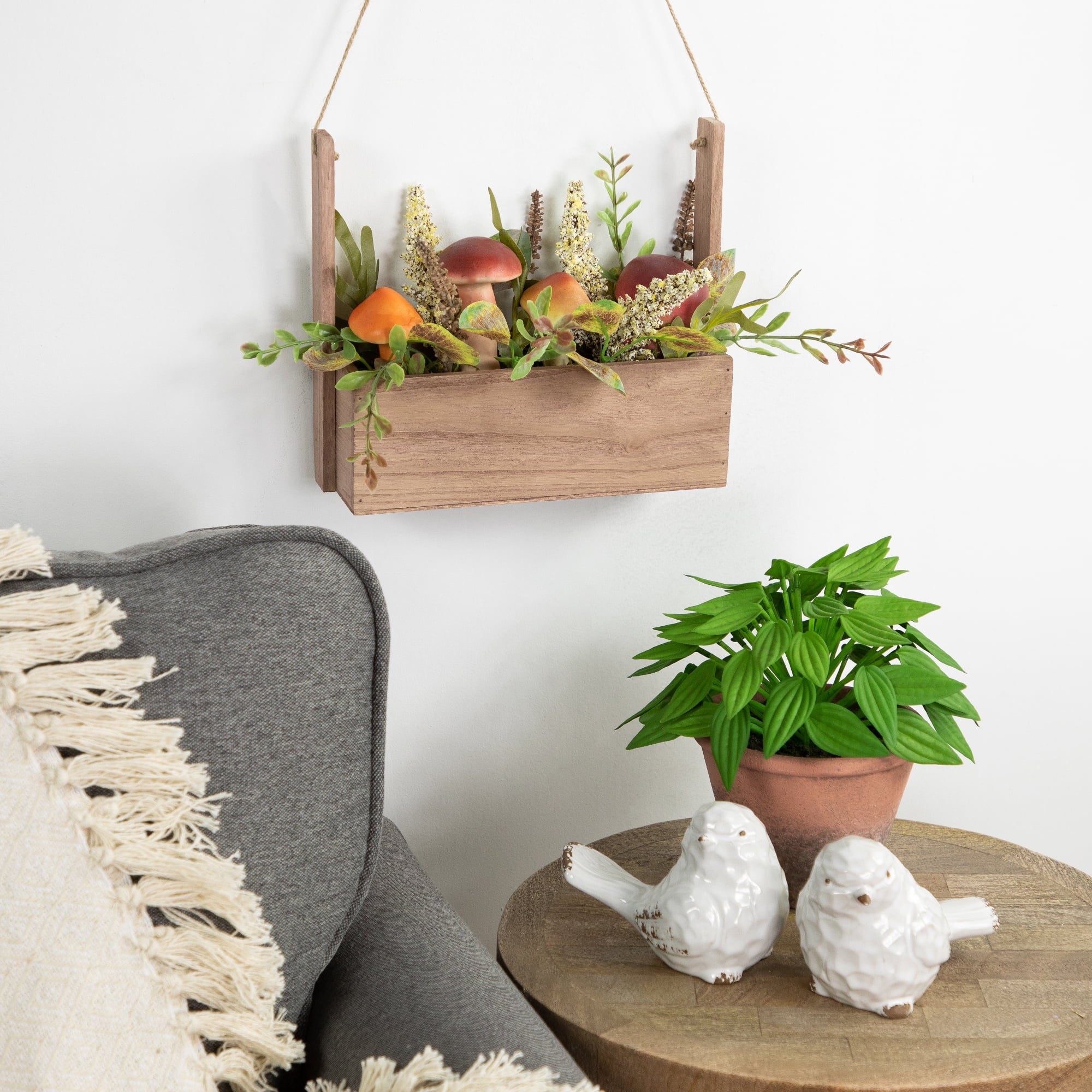 18" Mushroom and Foliage Wooden Fall Harvest Hanging Basket