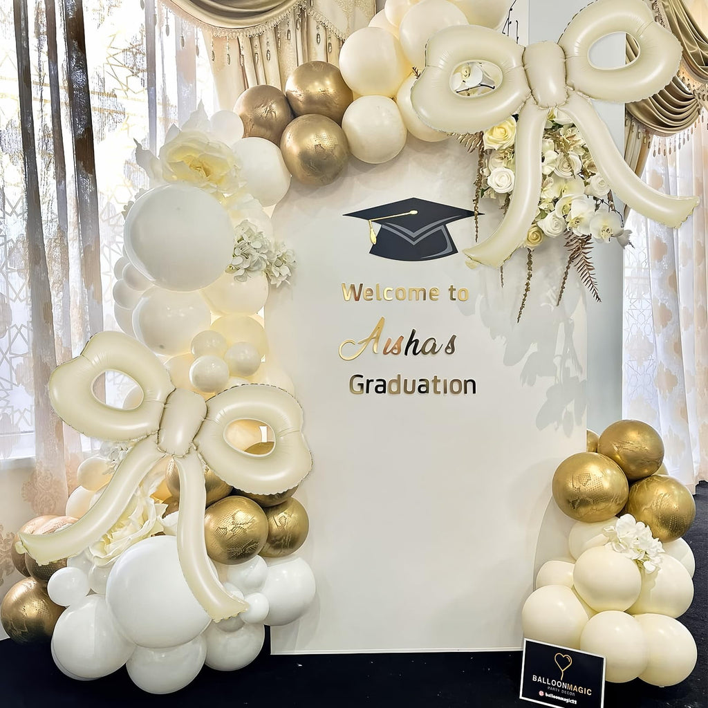 Bow Themed Party Decorations 4 Pack, Large 30x28 Inch Cream Foil Balloons with Ribbon for s Women Birthday Wedding Shower, Beige