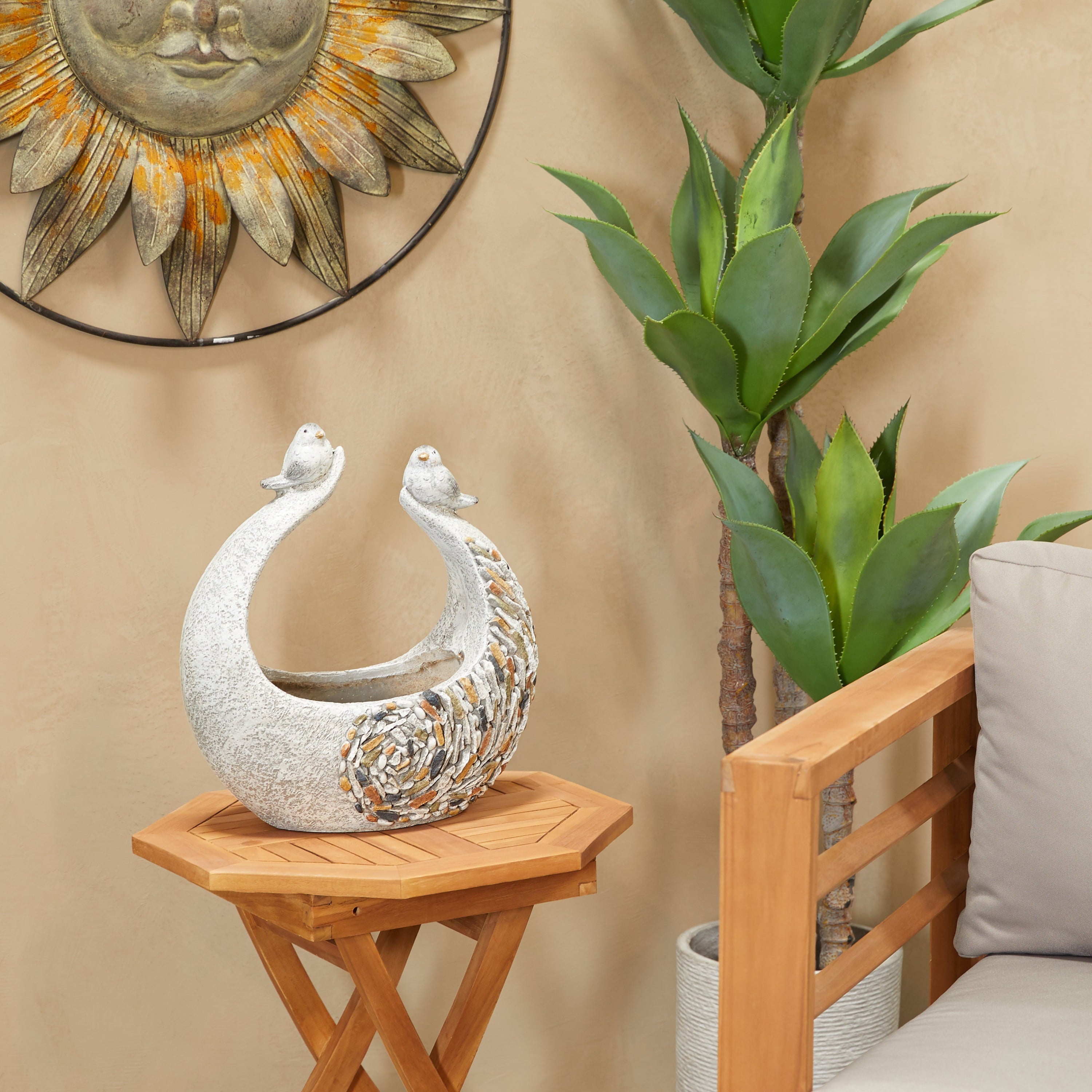 DecMode 14" x 15" Indoor Outdoor Gray Fiberglass Bird Planter with Stone Mosaic Design