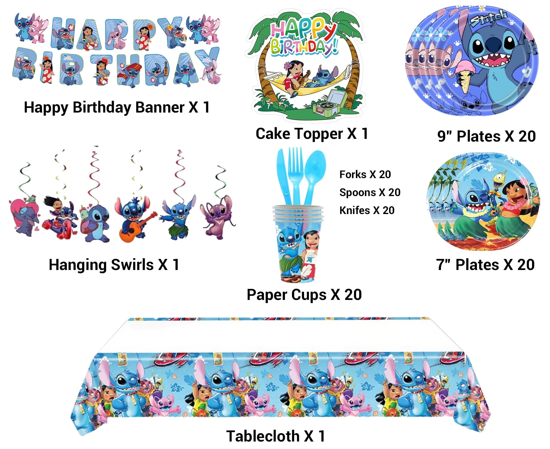 Birthday Party Stitch 189 Pcs Decoration Set - 24 Cake Toppers, 18 Balloons, 1 Happy Birthday Banner, 1 Large Cake Topper, 1 Table Cloth, 18 Latex Ballnoon, 3 Foil Balloons Party Supplies for Fans.