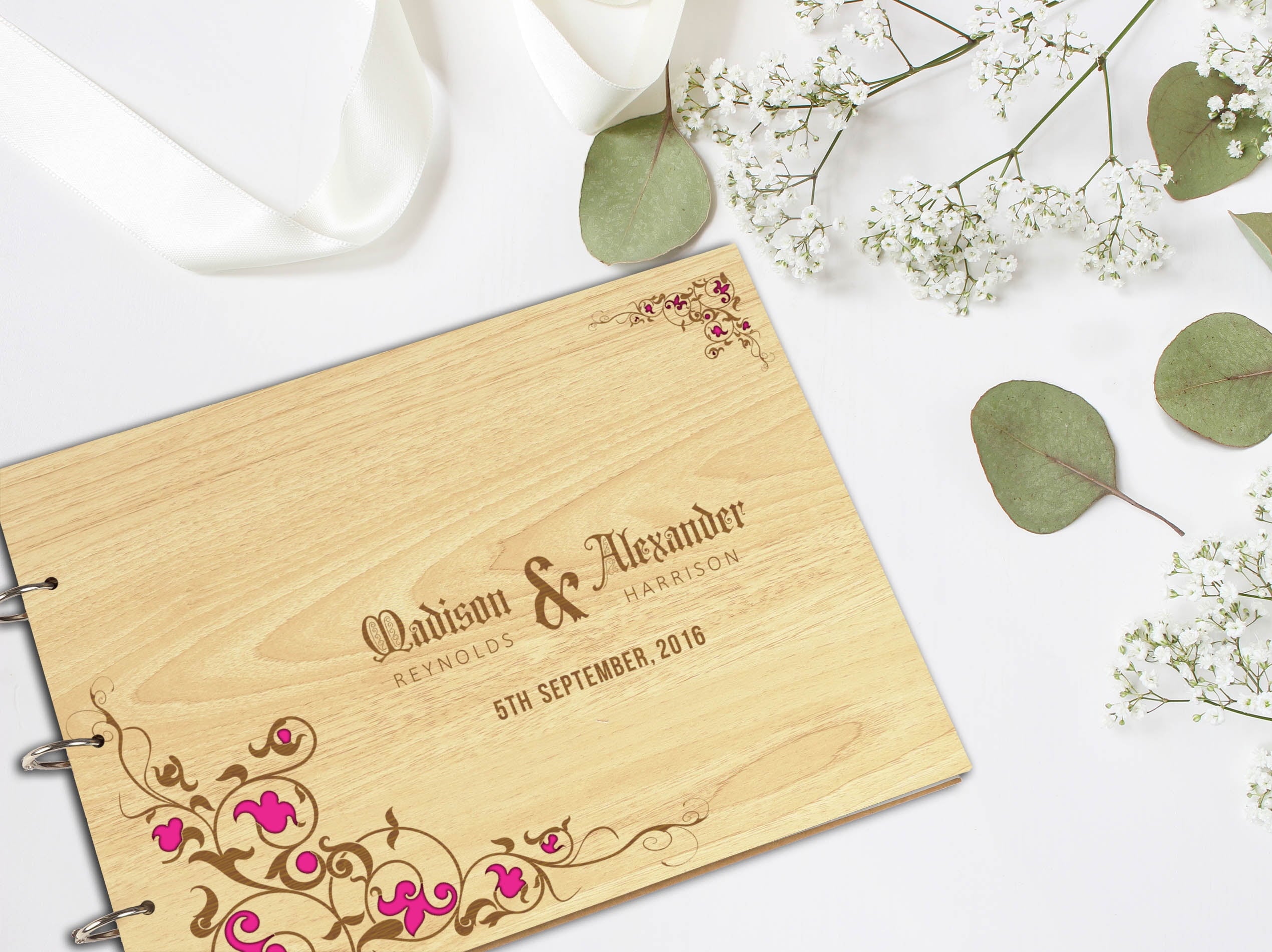 Darling Souvenir Personalized Engraved Laser Cut Wedding Guest Book Wooden Cover Sign-in Book Registry Guestbook Scrapbook-H4