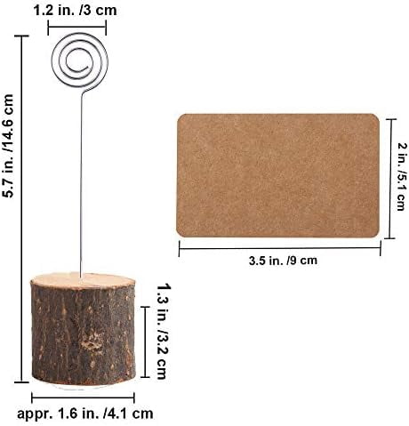 10Pcs Premium Wood Place Card Holders with Swirl Wire and 20 Pcs Kraft Place Cards, Rustic Wood Table Number Holders Stands, Name Cards Photo Holders for Wedding Party Sign Food Cards Label